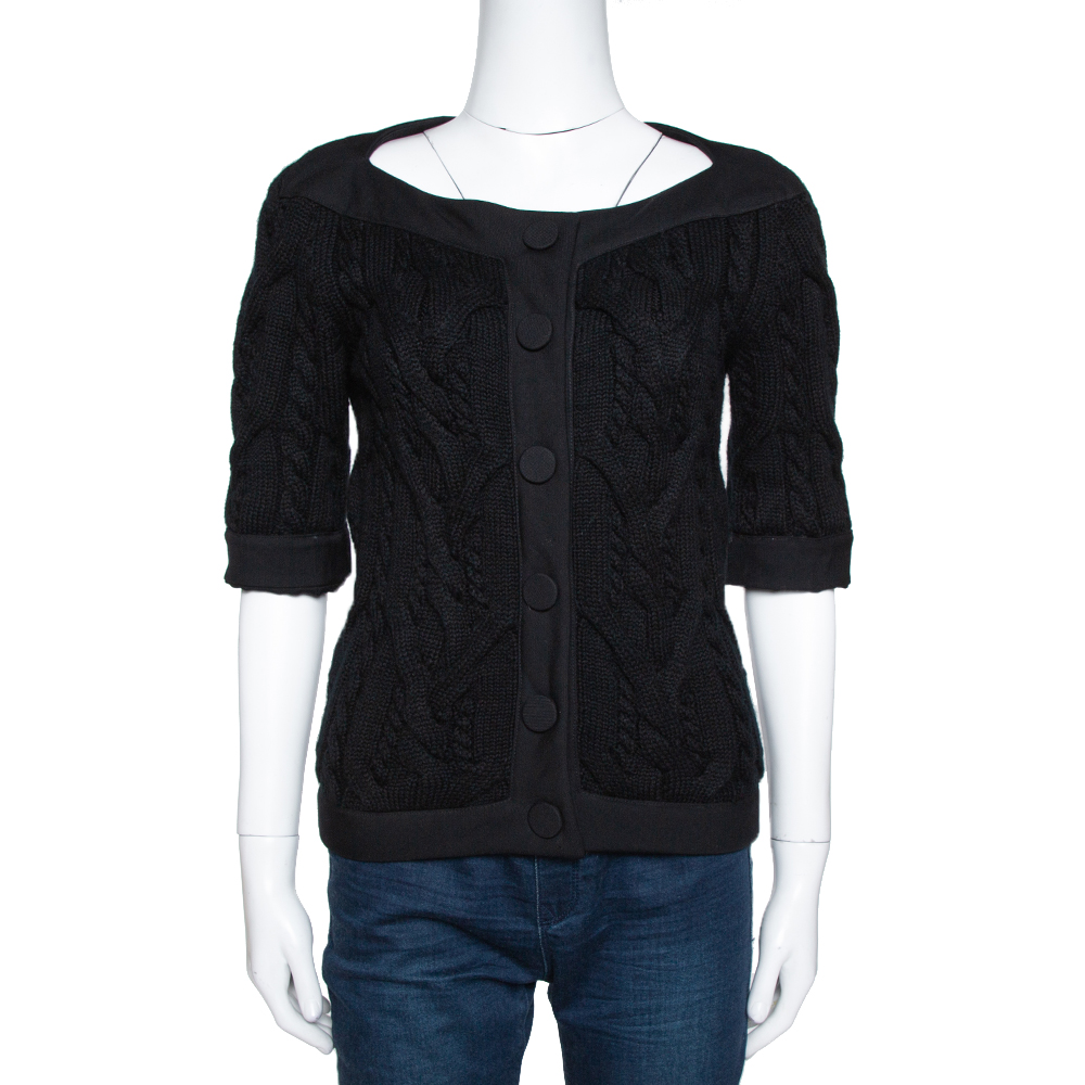 Image of Balenciaga Black Cable Knit Three Quarter Sleeve Cardigan S