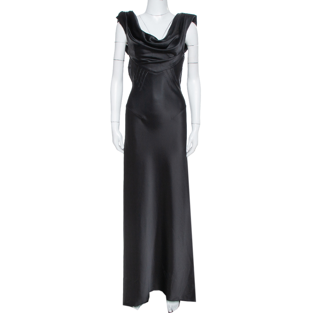 Balenciaga Paris Black Satin Draped Neck Detail Evening Gown M