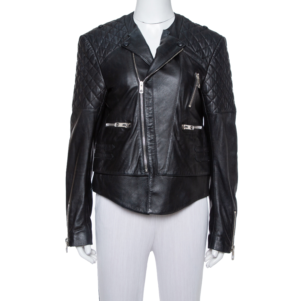 Image of Balenciaga Black Leather Quilted Detail Biker Jacket L