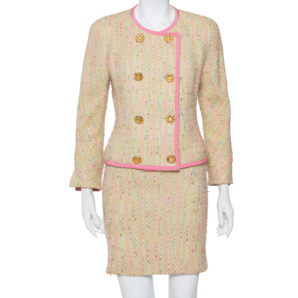 Balenciaga Prelude Vintage Multicolor Tweed Double Breasted Blazer and Mini Skirt Set S