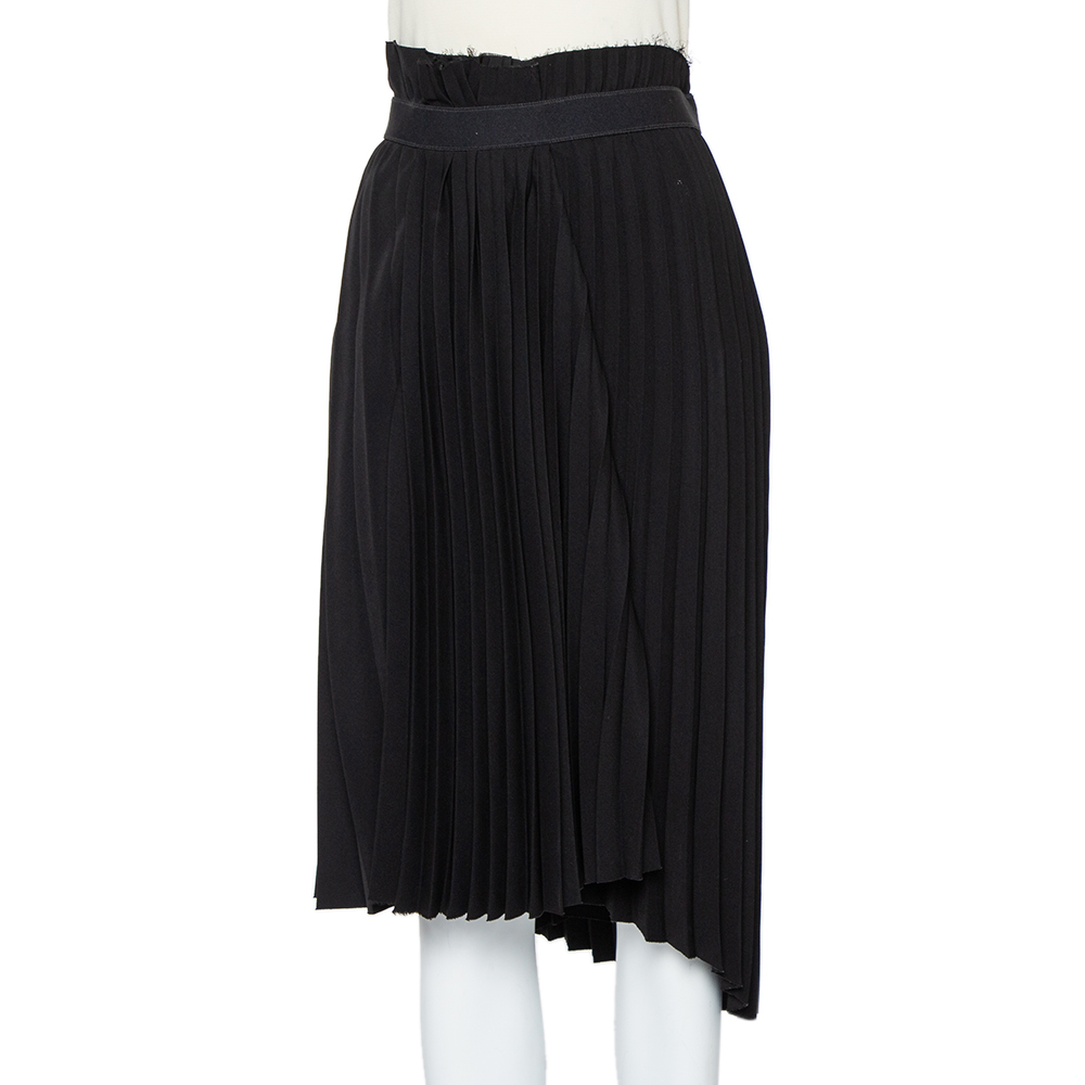 

Balenciaga Black Crepe Logo Detail Pleated Asymmetric Hem Midi Skirt