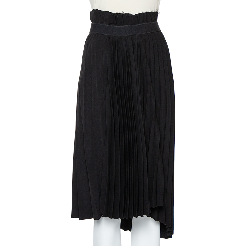 Balenciaga Black Crepe Logo Detail Pleated Asymmetric Hem Midi Skirt S