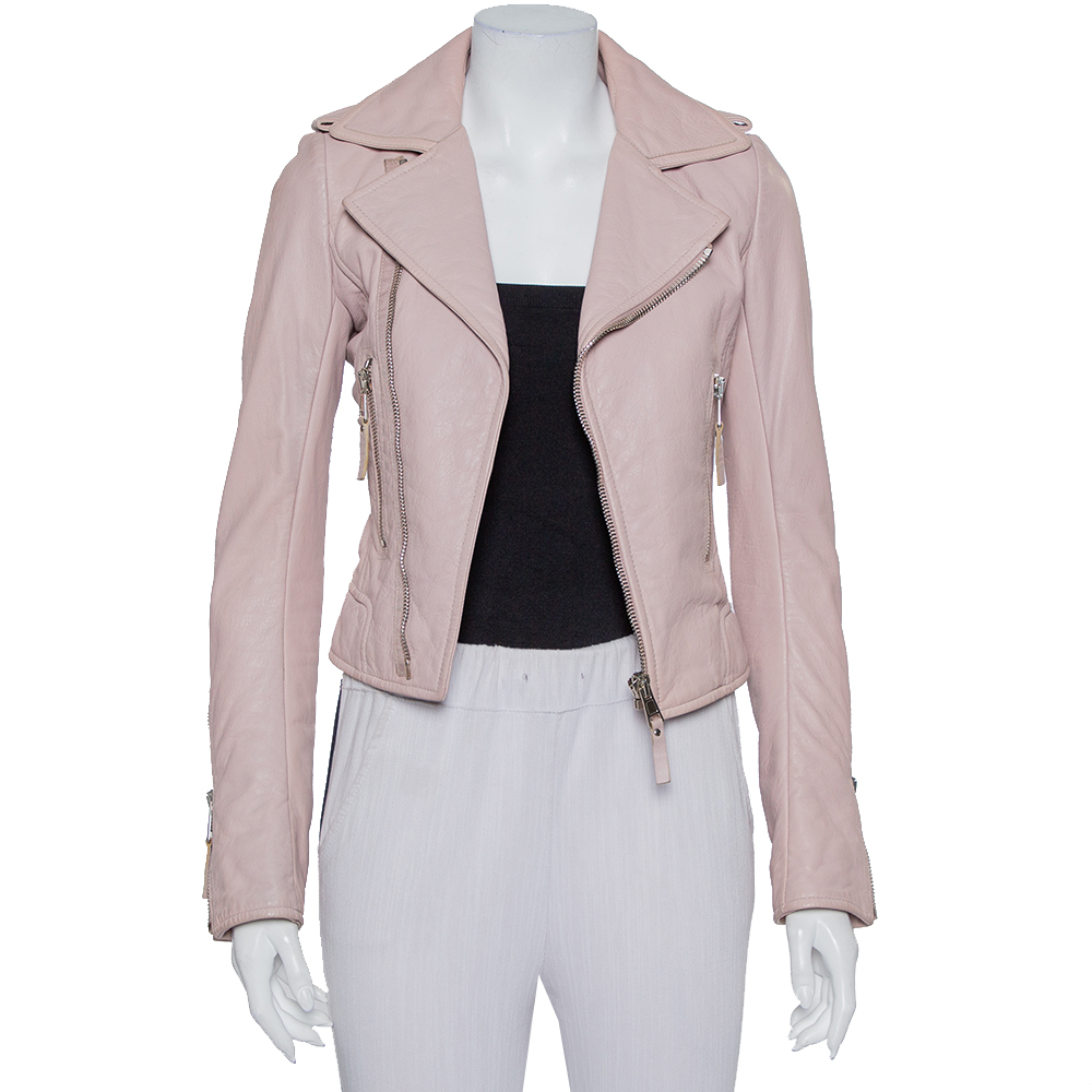 Balenciaga Pink Leather Zip Front Biker Jacket S
