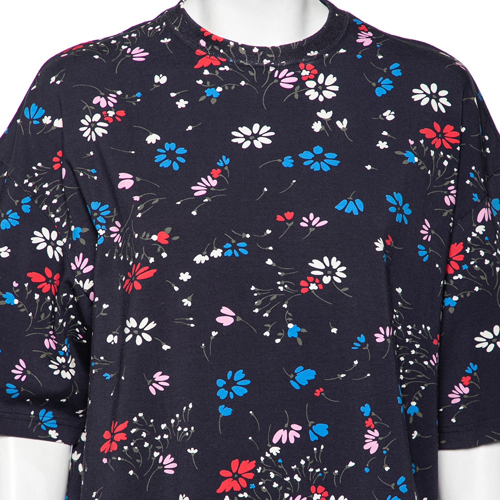 Balenciaga Navy Blue Floral Printed Cotton Oversized Short Sleeve T-Shirt M