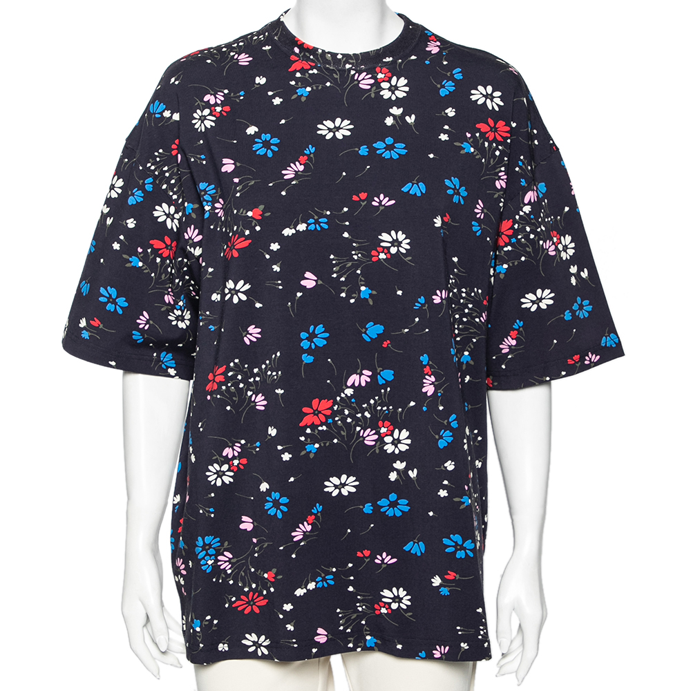 Balenciaga navy blue floral printed cotton oversized short sleeve t-shirt m