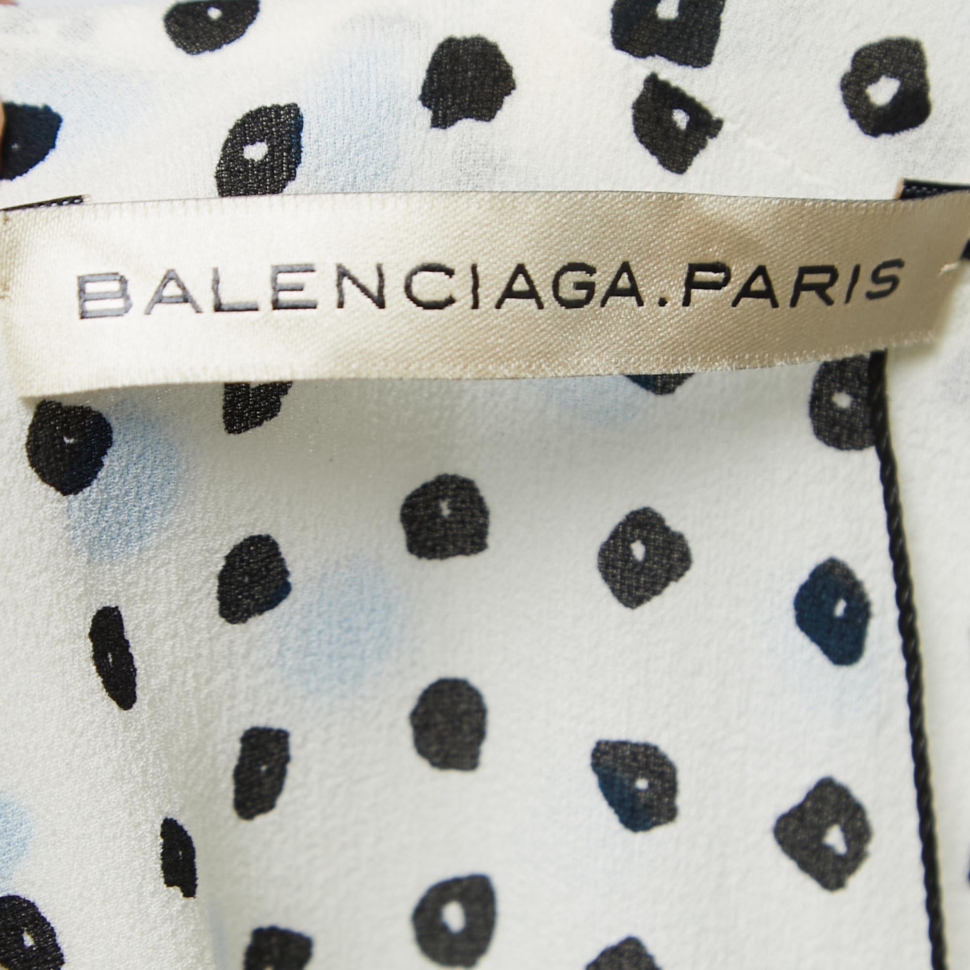 Balenciaga Off White Polka Dotted Crepe Sleeveless Ruched Top M