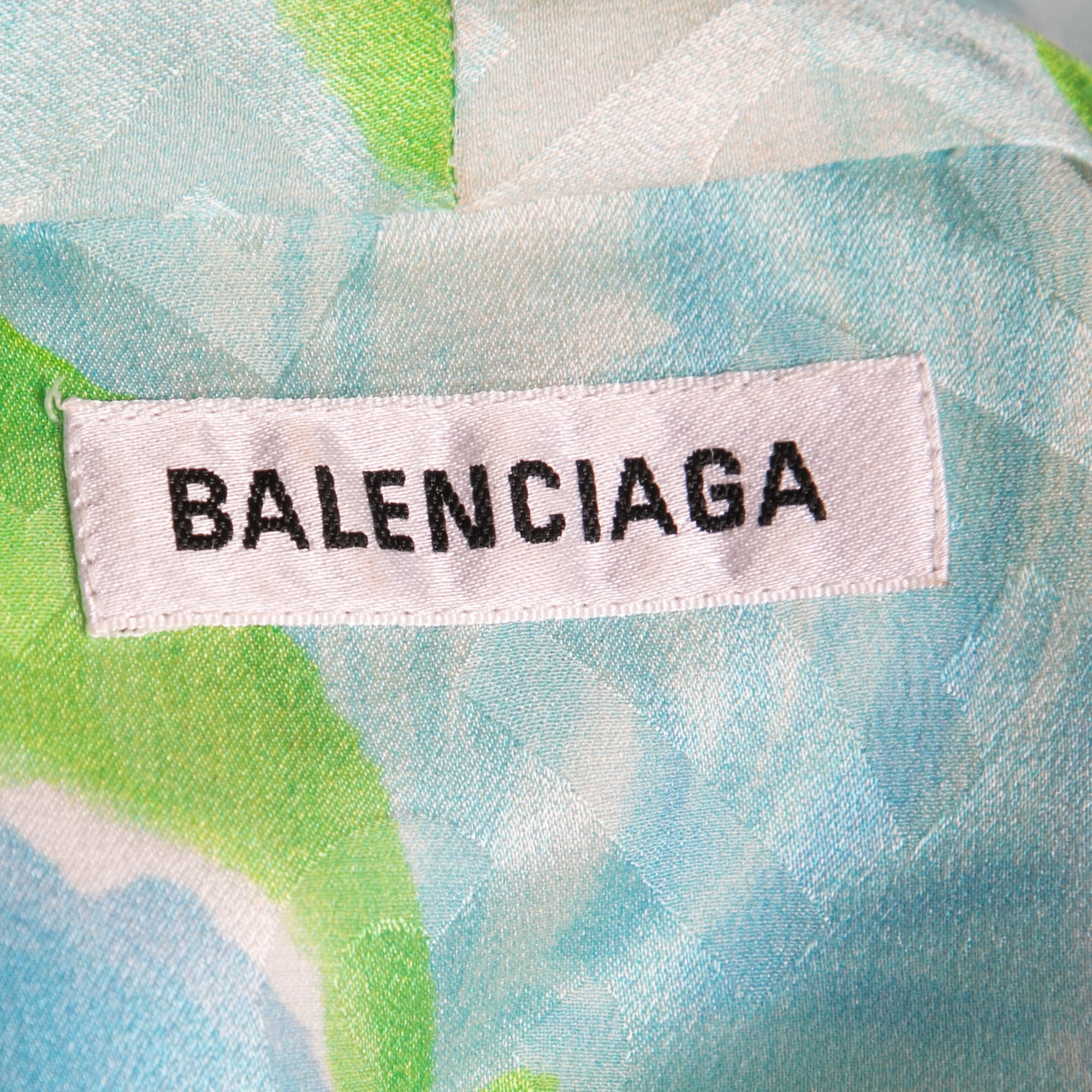 Balenciaga Blue All-Over Print Silk Button Front Neck Tie Detailed Blouse M