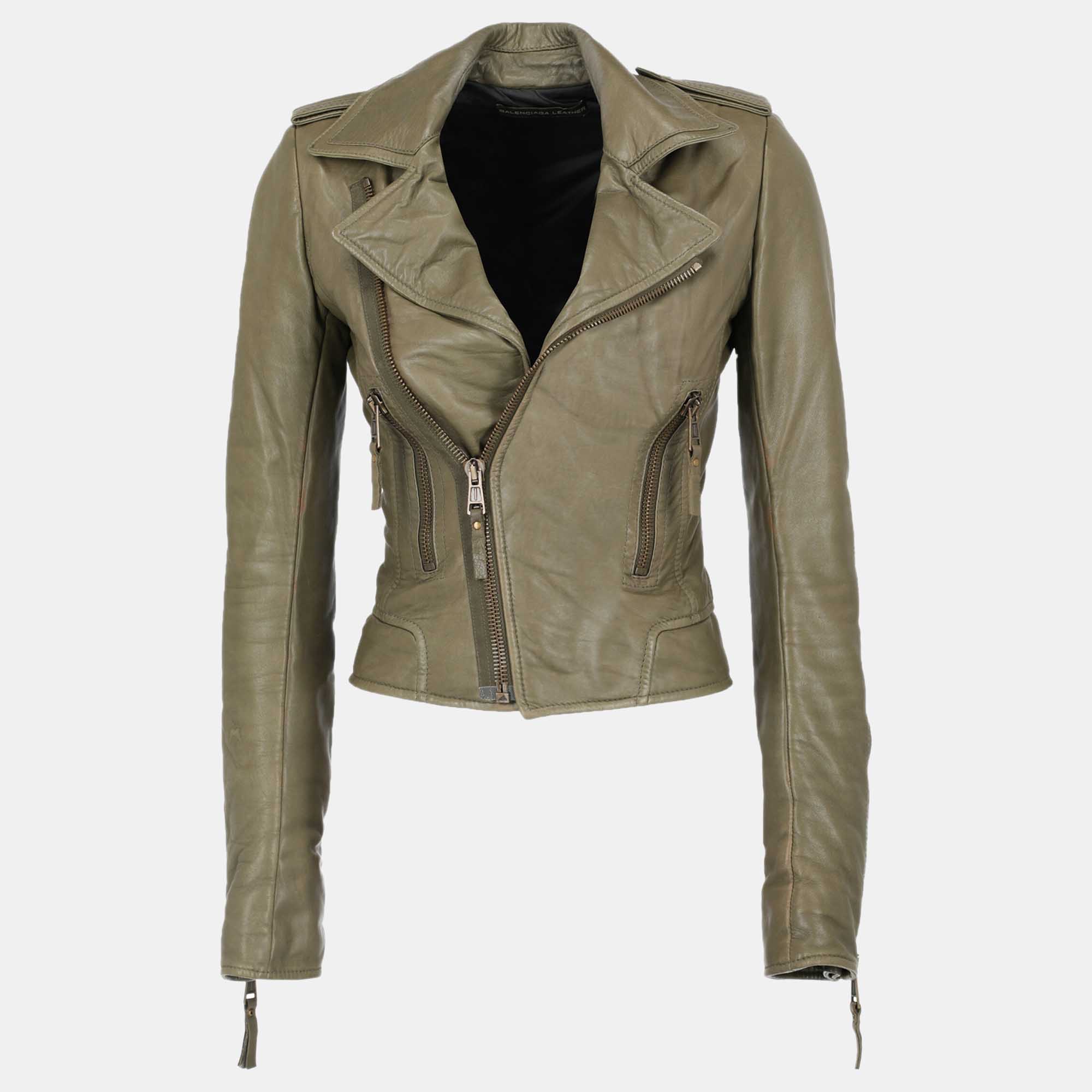 Balenciaga  Women's Leather Biker Jacket - Green - XS