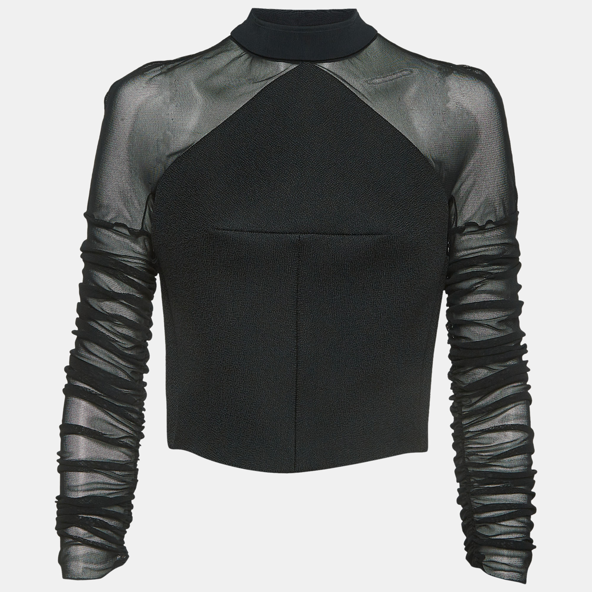 Balenciaga black synthetic and mesh ruched sleeve top m