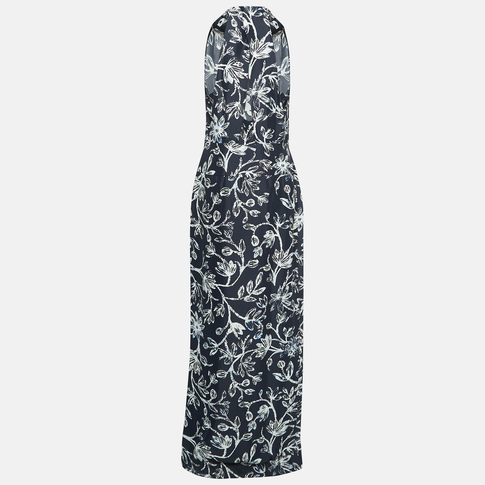 Balenciaga navy blue floral print crepe halter neck maxi dress l