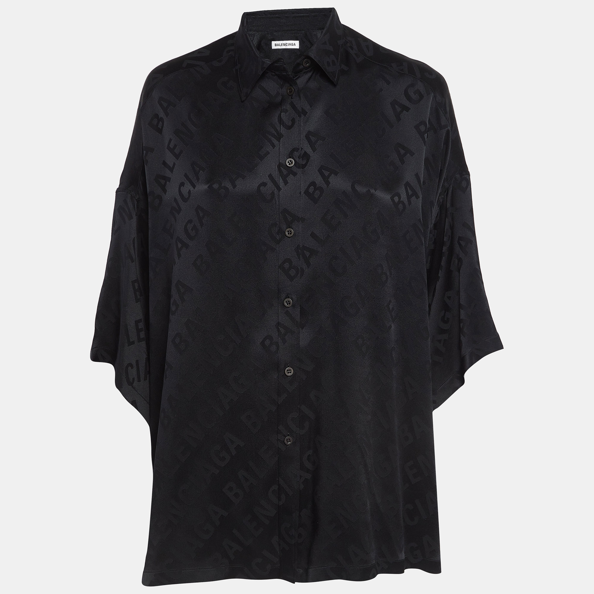 Balenciaga black logo pattern satin silk oversized short sleeve shirt s