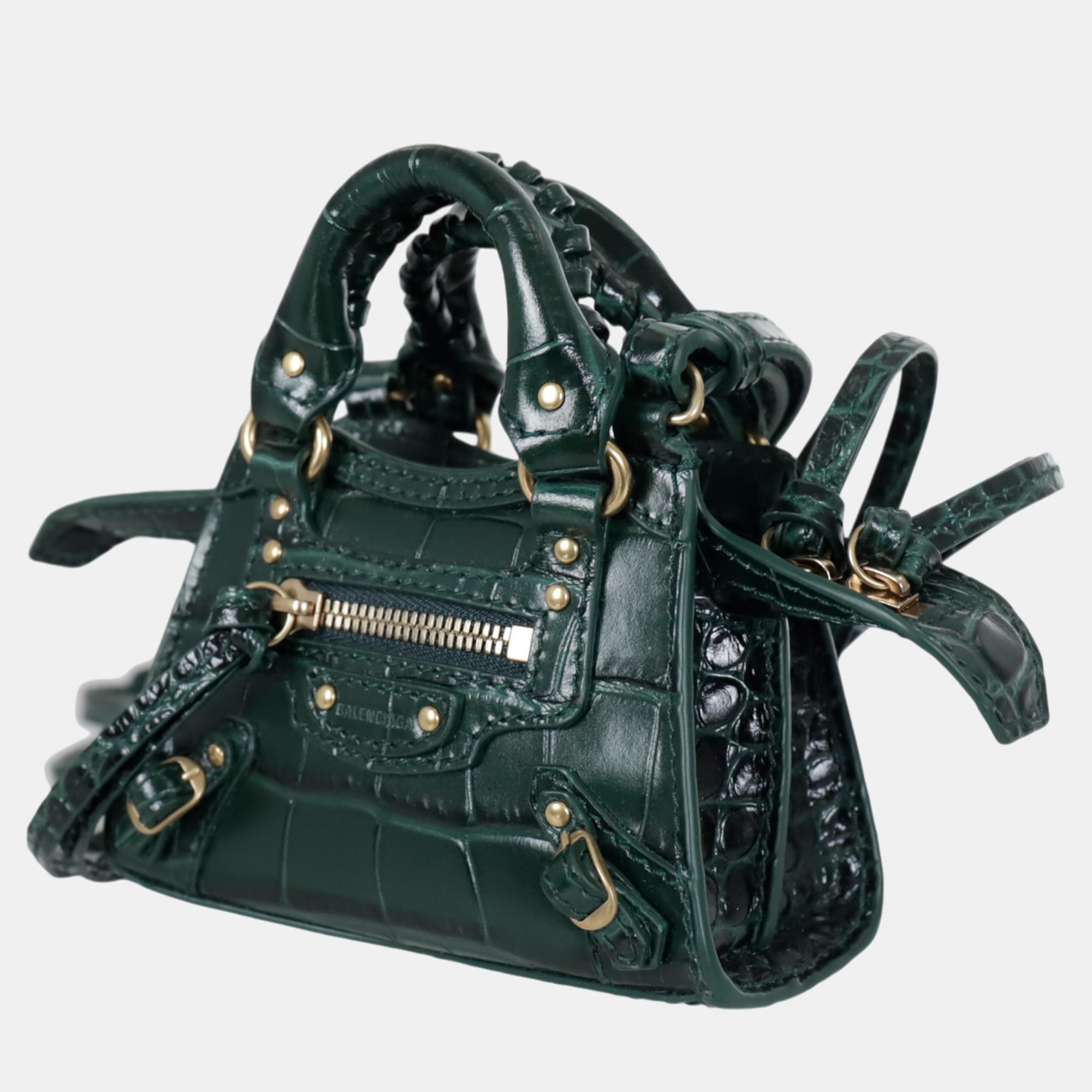 Balenciaga Green Croc Embossed Leather Mini Neo Classic City Bag