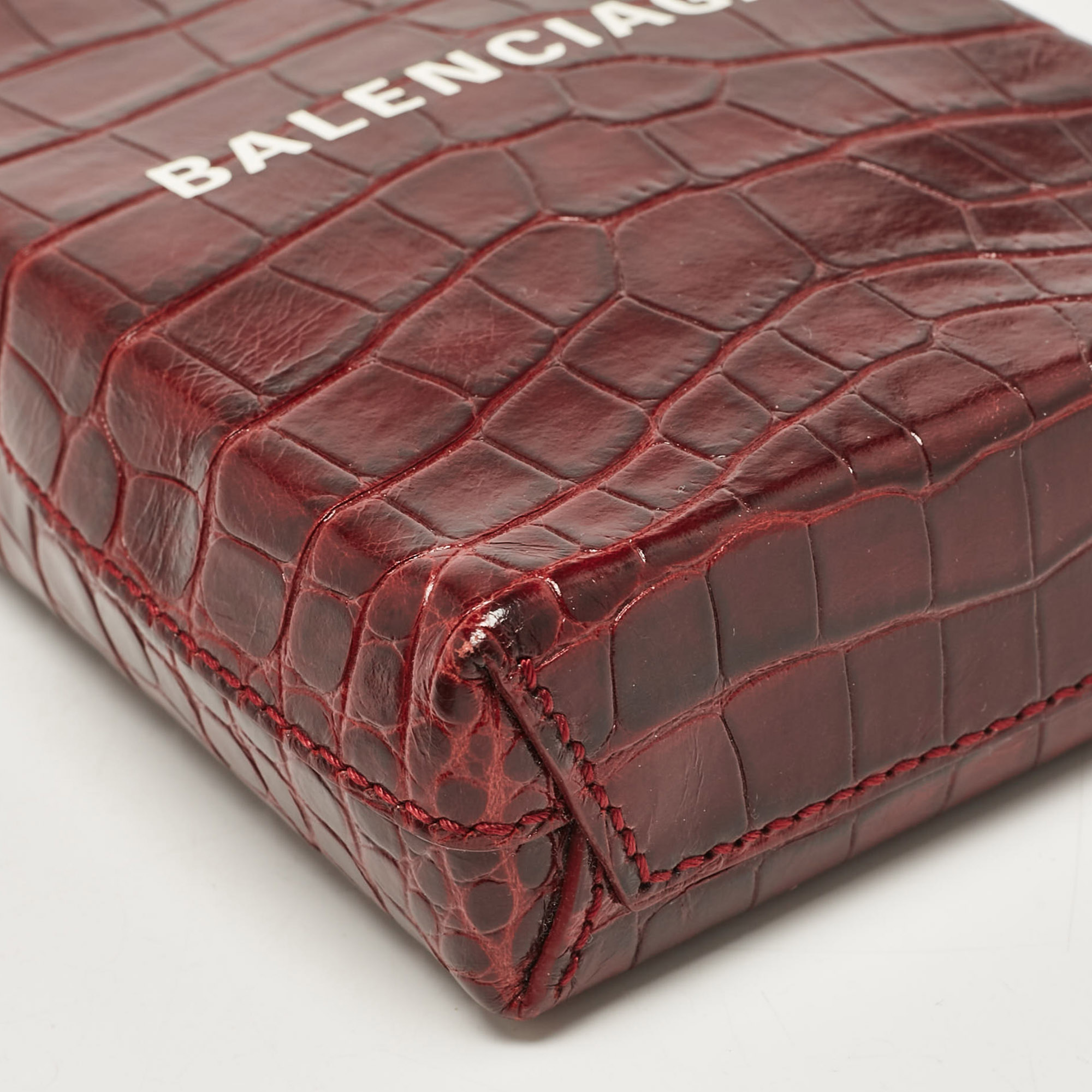 Balenciaga Burgundy Croc Embossed Leather Shopping Phone Holder Crossbody Bag