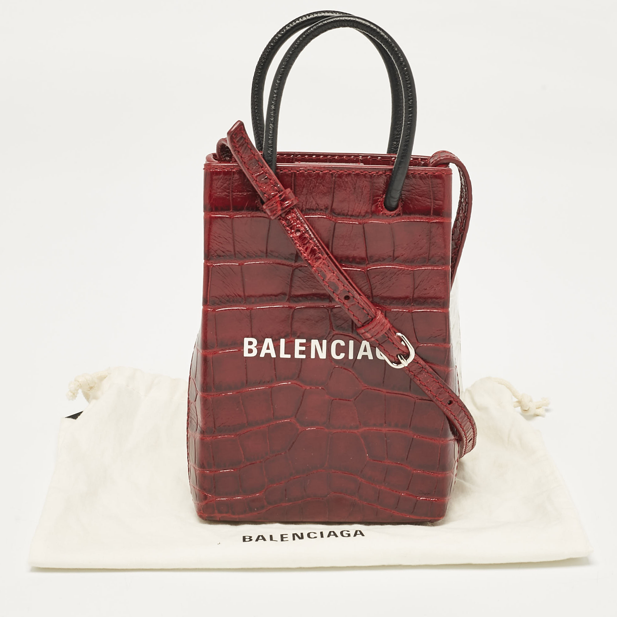 Balenciaga Burgundy Croc Embossed Leather Shopping Phone Holder Crossbody Bag