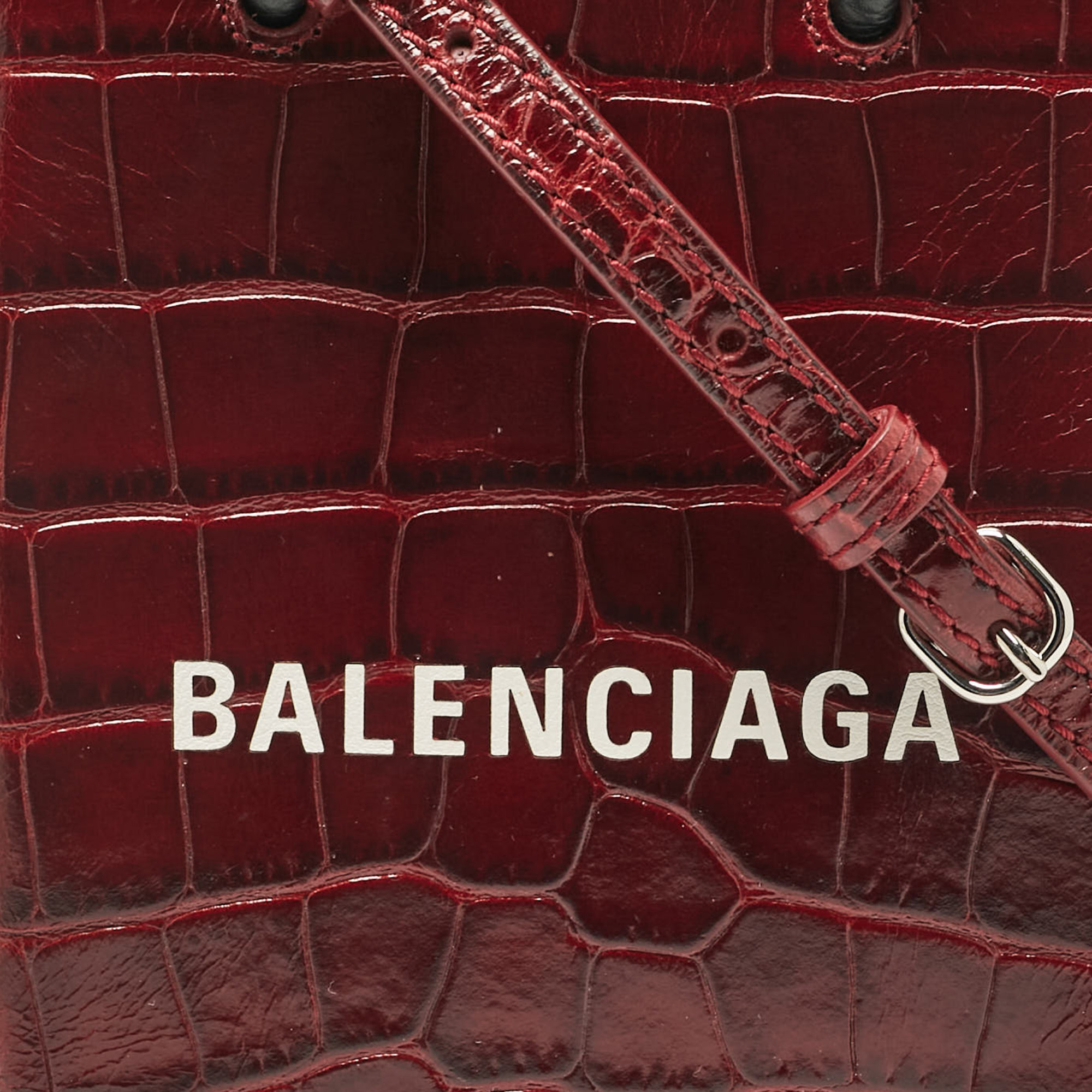 Balenciaga Burgundy Croc Embossed Leather Shopping Phone Holder Crossbody Bag