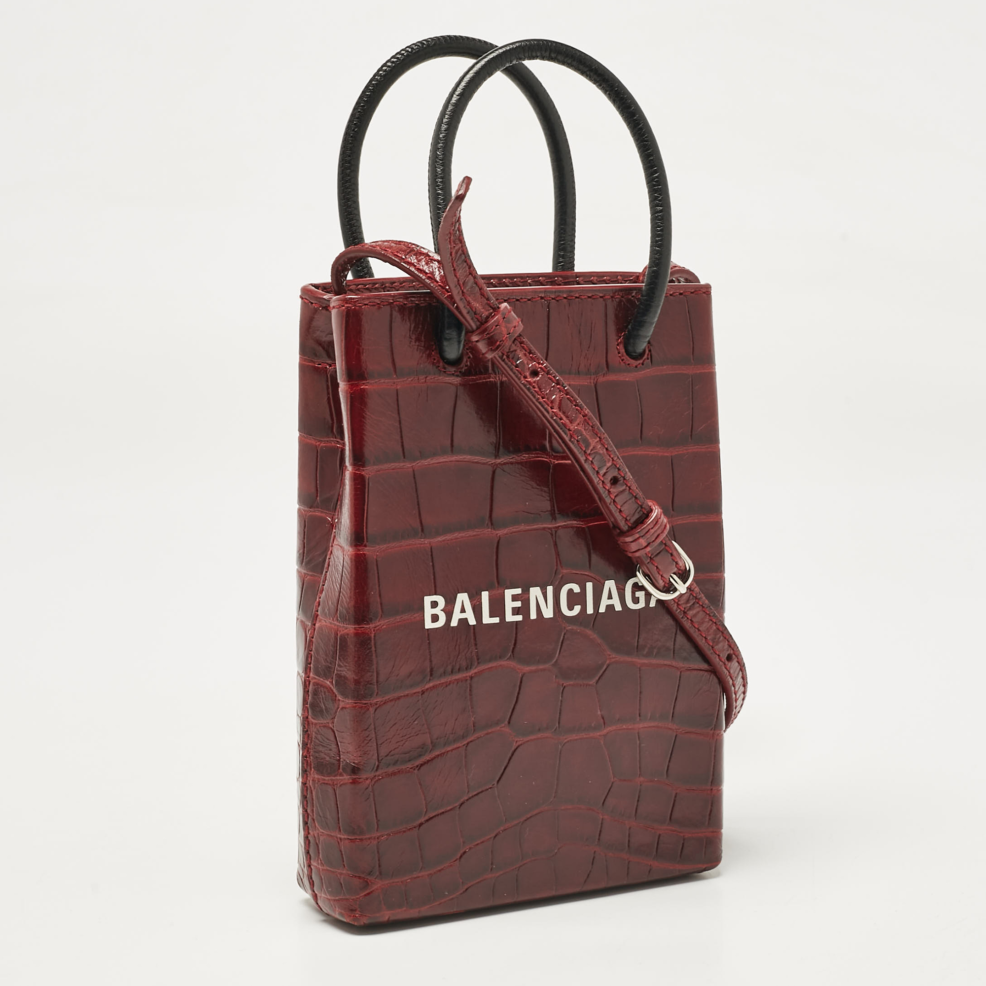 Balenciaga Burgundy Croc Embossed Leather Shopping Phone Holder Crossbody Bag