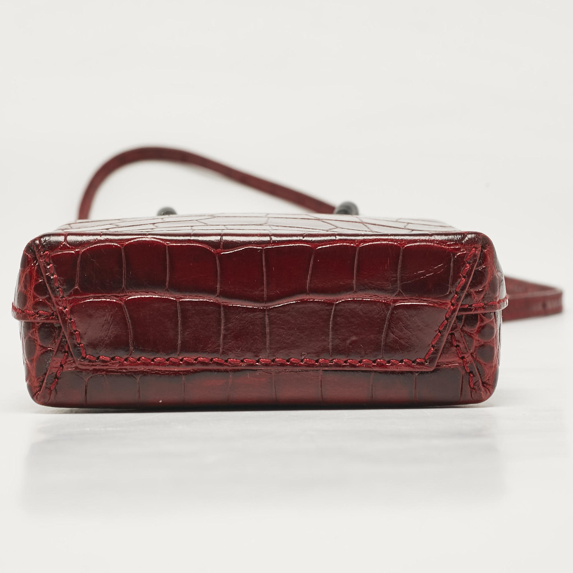 Balenciaga Burgundy Croc Embossed Leather Shopping Phone Holder Crossbody Bag