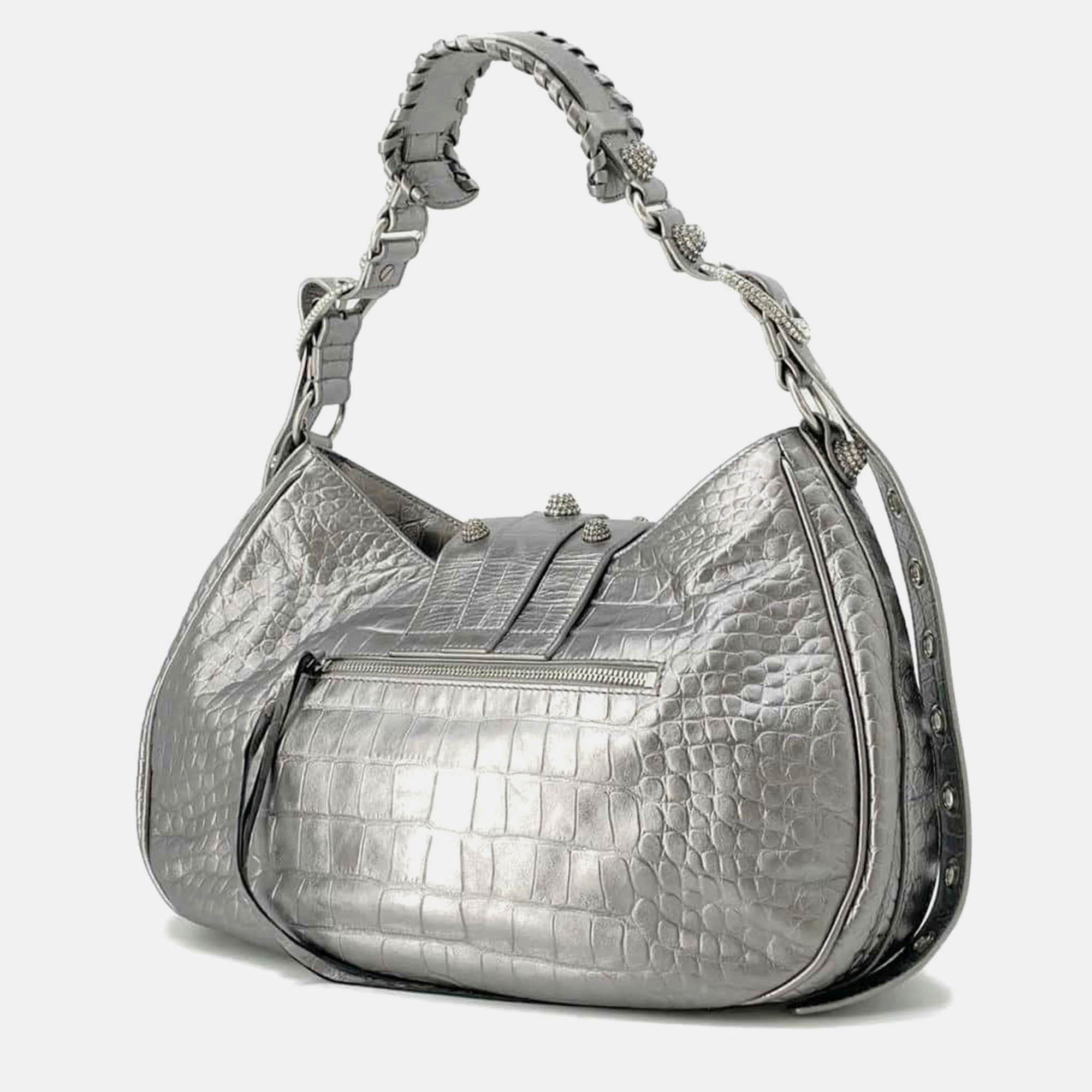 Balenciaga Silver Crocodile-embossed Leather Rhinestone Neo Cagoule Bag