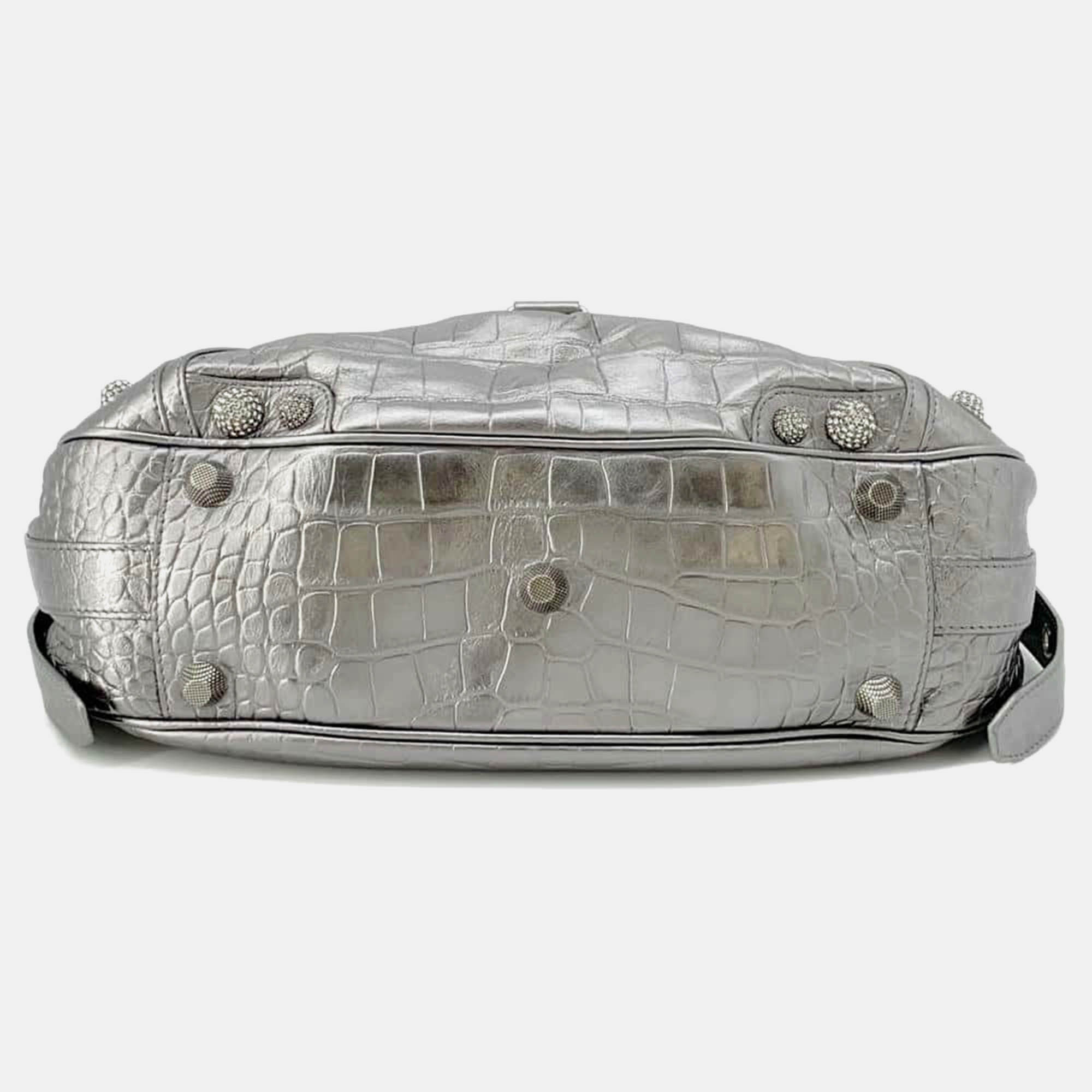 Balenciaga Silver Crocodile-embossed Leather Rhinestone Neo Cagoule Bag