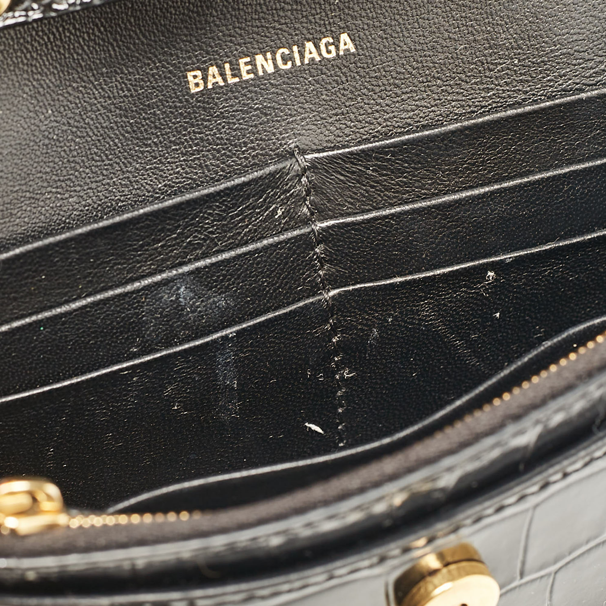 Balenciaga Black Croc Embossed Patent Leather Hourglass Wallet On Chain