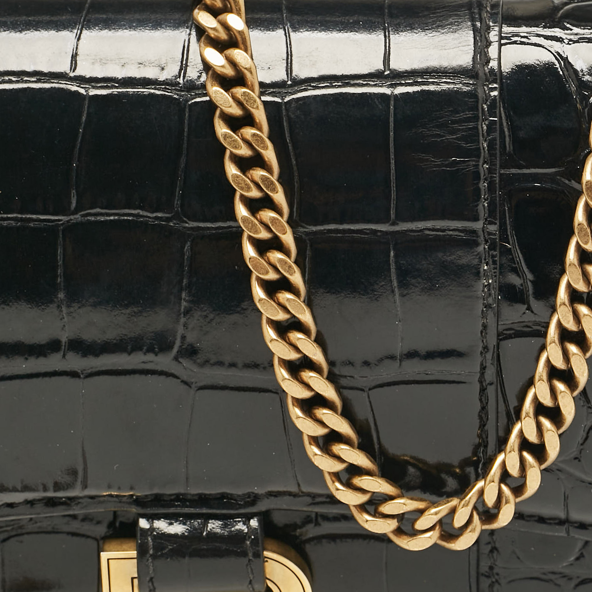 Balenciaga Black Croc Embossed Patent Leather Hourglass Wallet On Chain