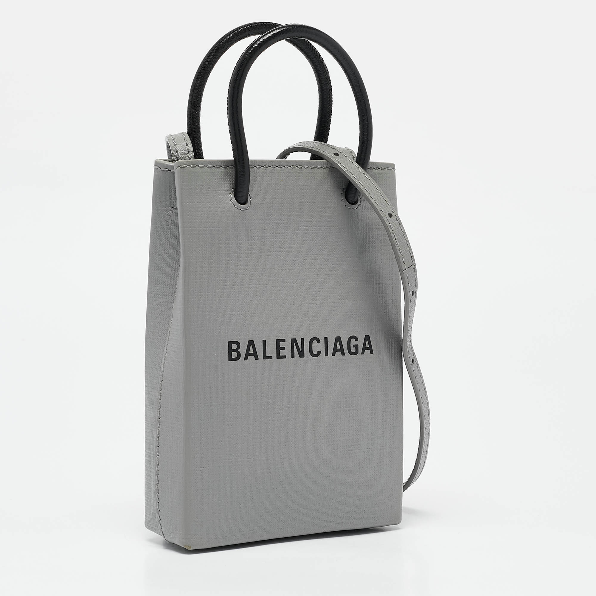 Balenciaga Grey/Black Leather Shopping Phone Holder Crossbody Bag