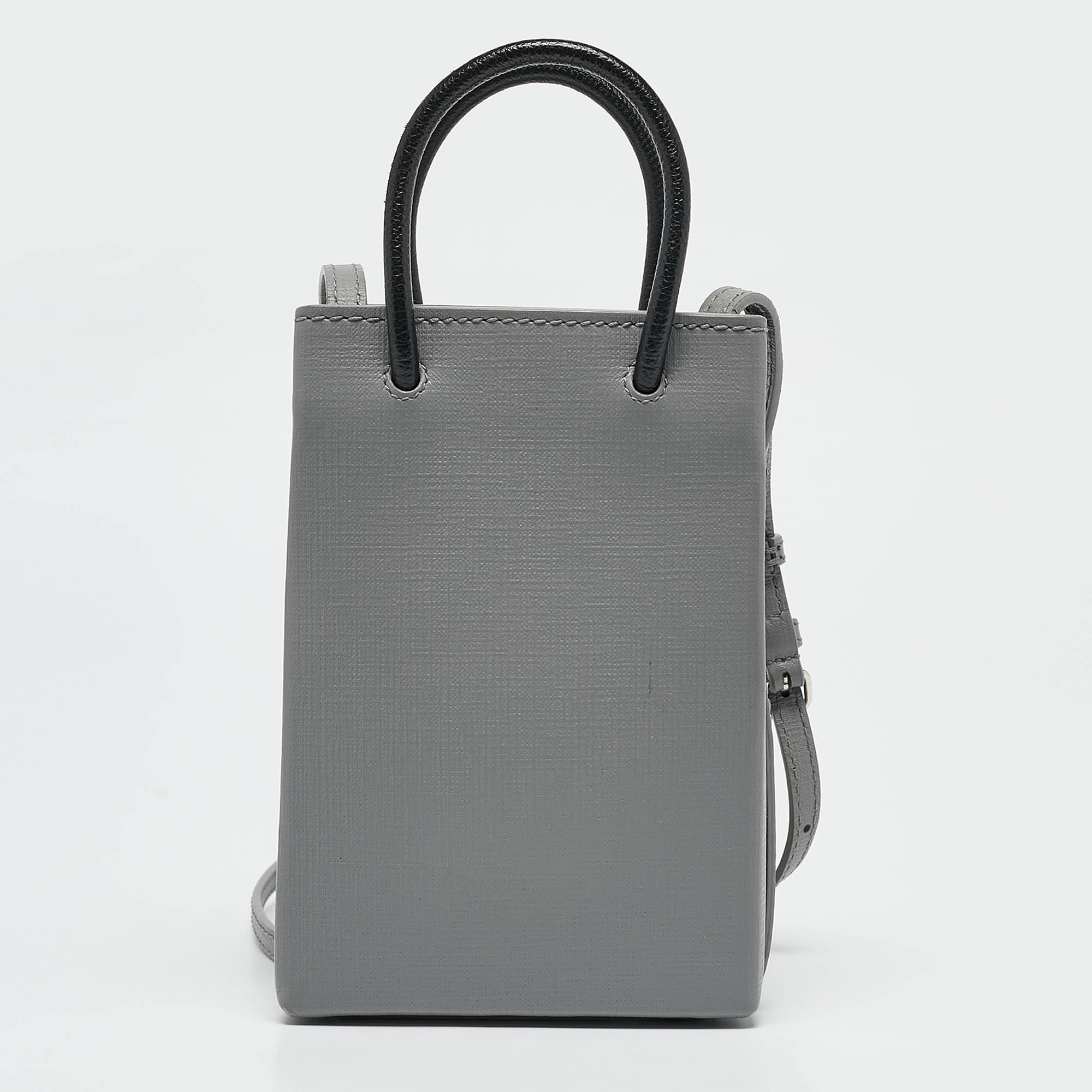 Balenciaga Grey/Black Leather Shopping Phone Holder Crossbody Bag