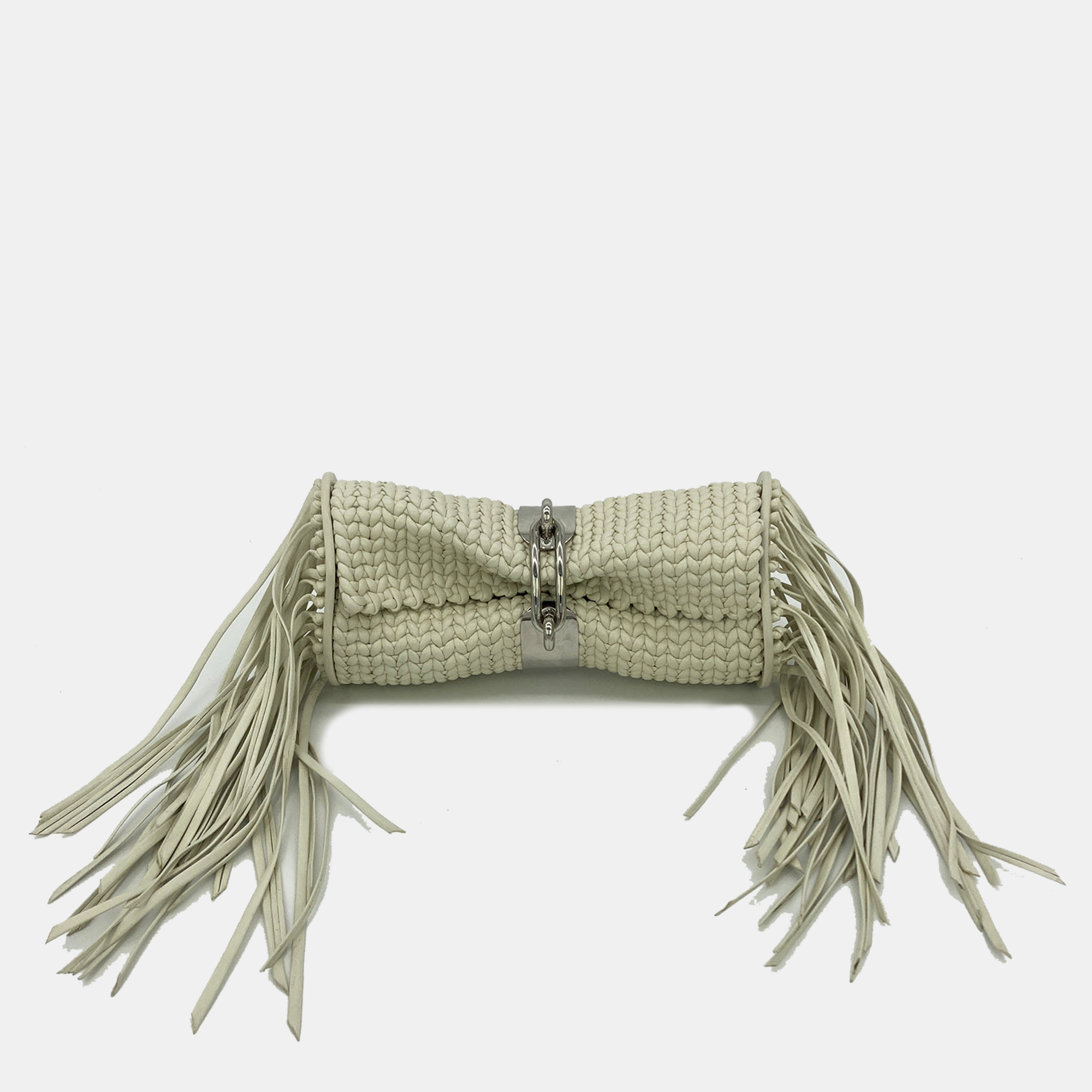 Balenciaga White Leather Tresse Fringe Clutch