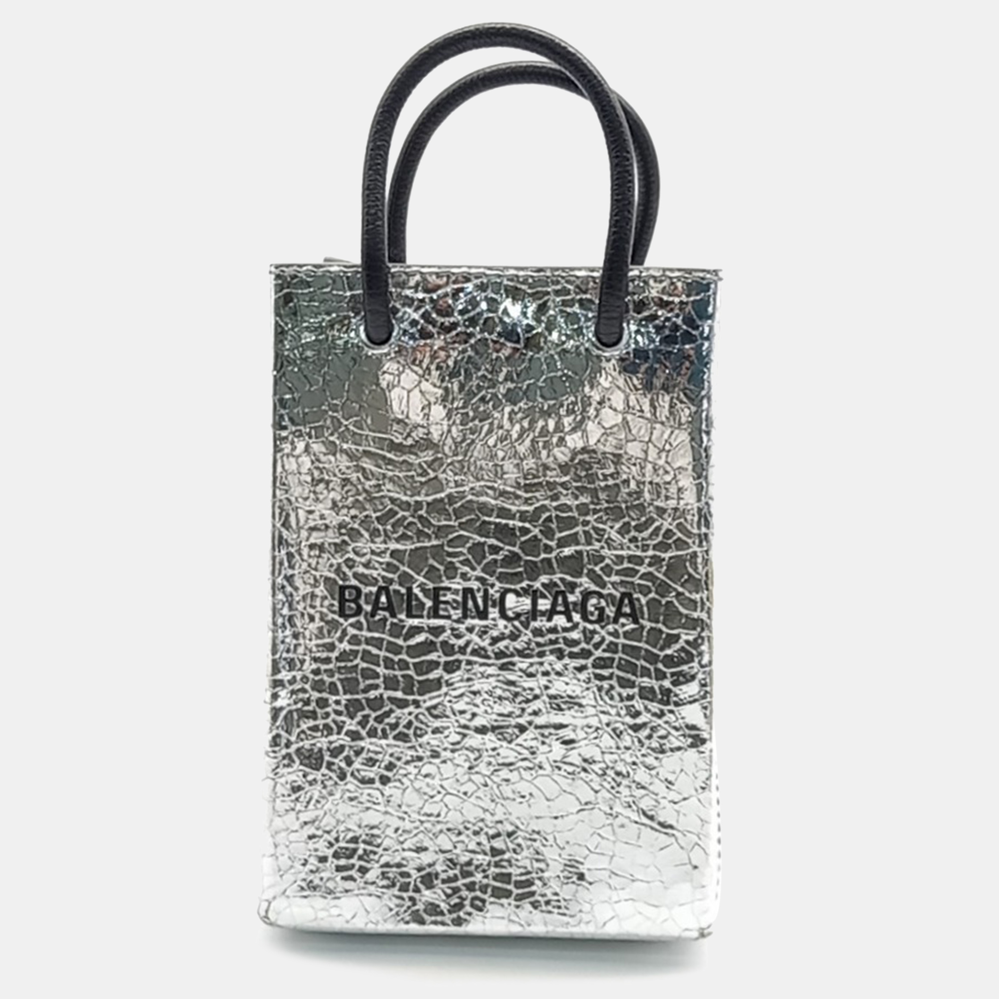 Balenciaga Silver Leather Shopping Phone Holder Bag