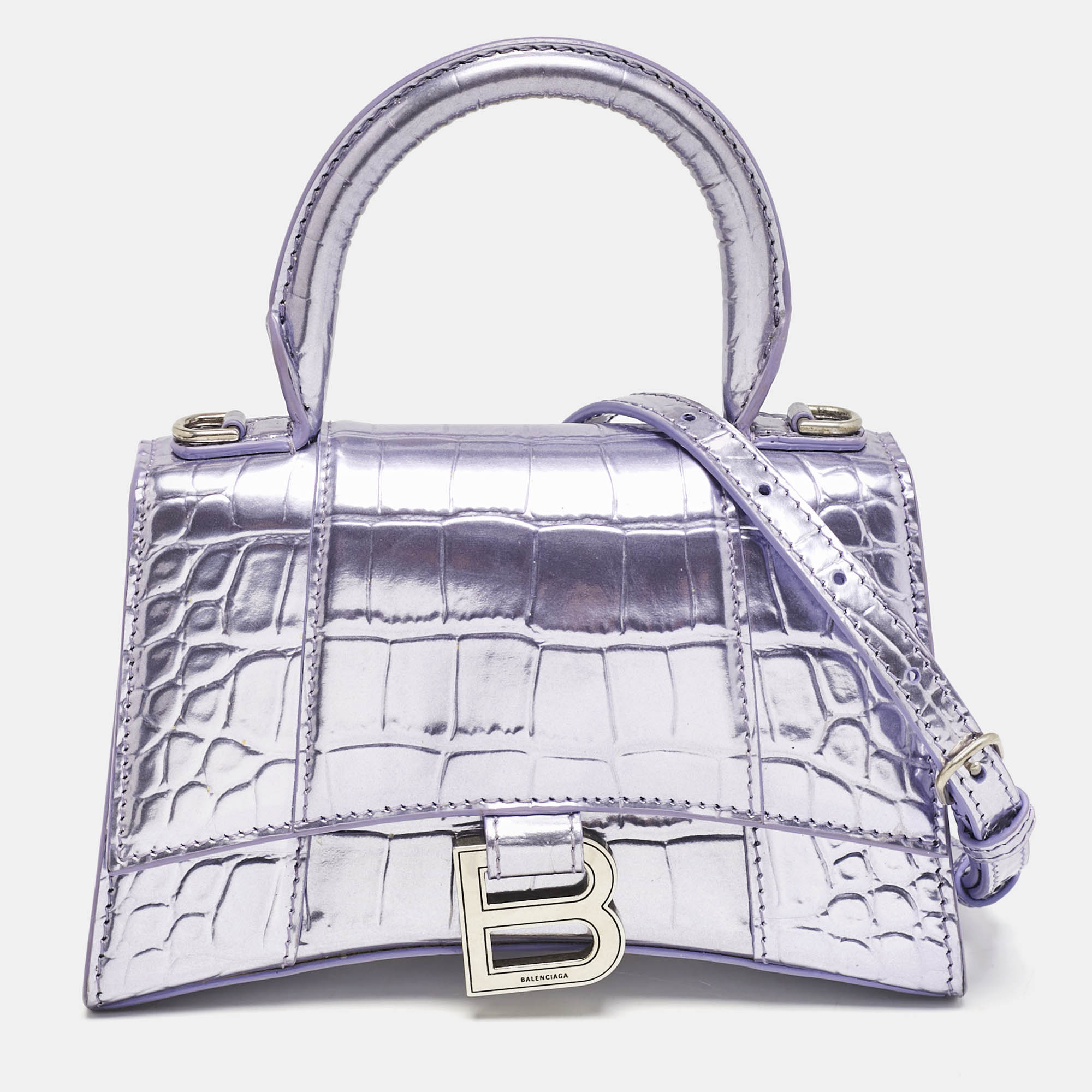 Balenciaga Metaalic Lilac Croc Embossed Leather Hourglass Top Handle Bag, Purple
Balenciaga Metaalic Lilac Croc Embossed Leather Hourglass Top Handle Bag, Purple