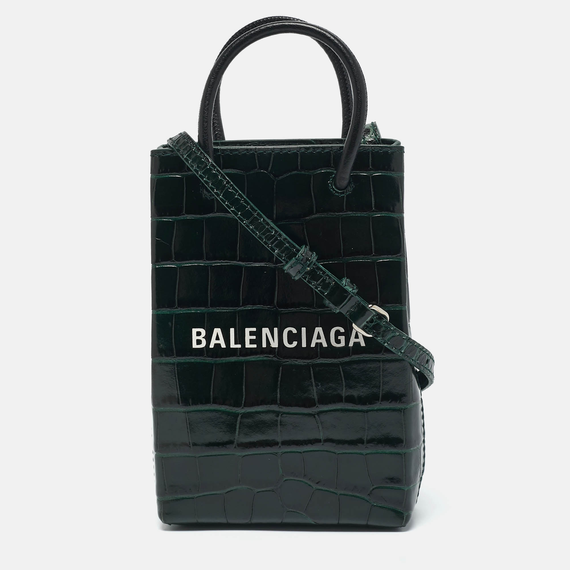 Balenciaga Green Croc Embossed Leather Shopping Phone Holder Crossbody Bag
Balenciaga Green Croc Embossed Leather Shopping Phone Holder Crossbody Bag