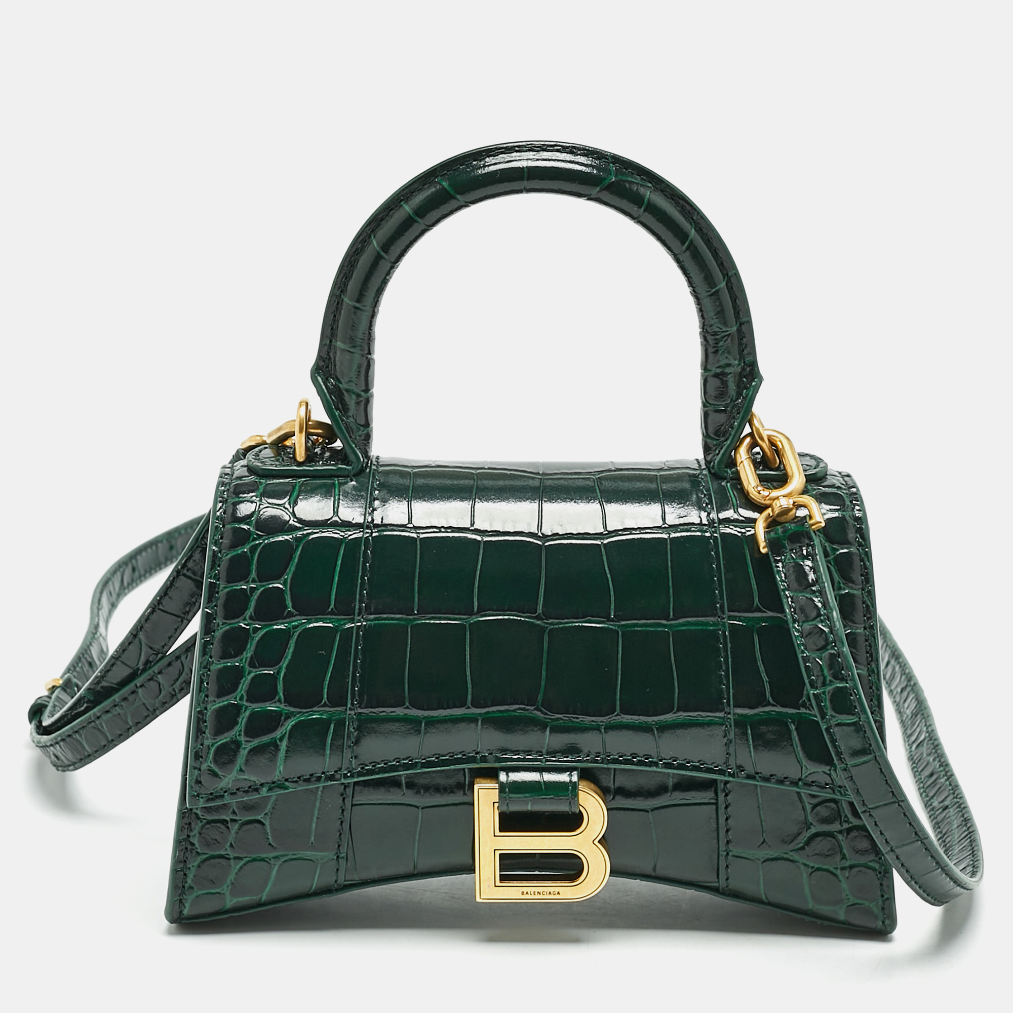 Balenciaga Green Croc Embossed Leather Hourglass Top Handle Bag
Balenciaga Green Croc Embossed Leather Hourglass Top Handle Bag