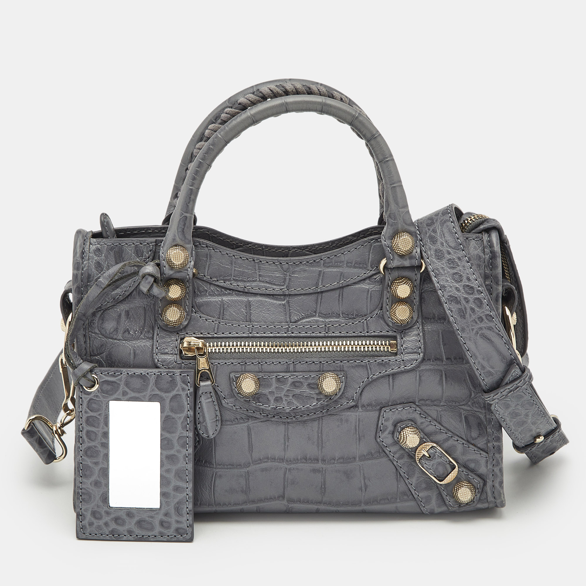 Balenciaga Grey Croc Embossed Leather Mini Classic City Bag