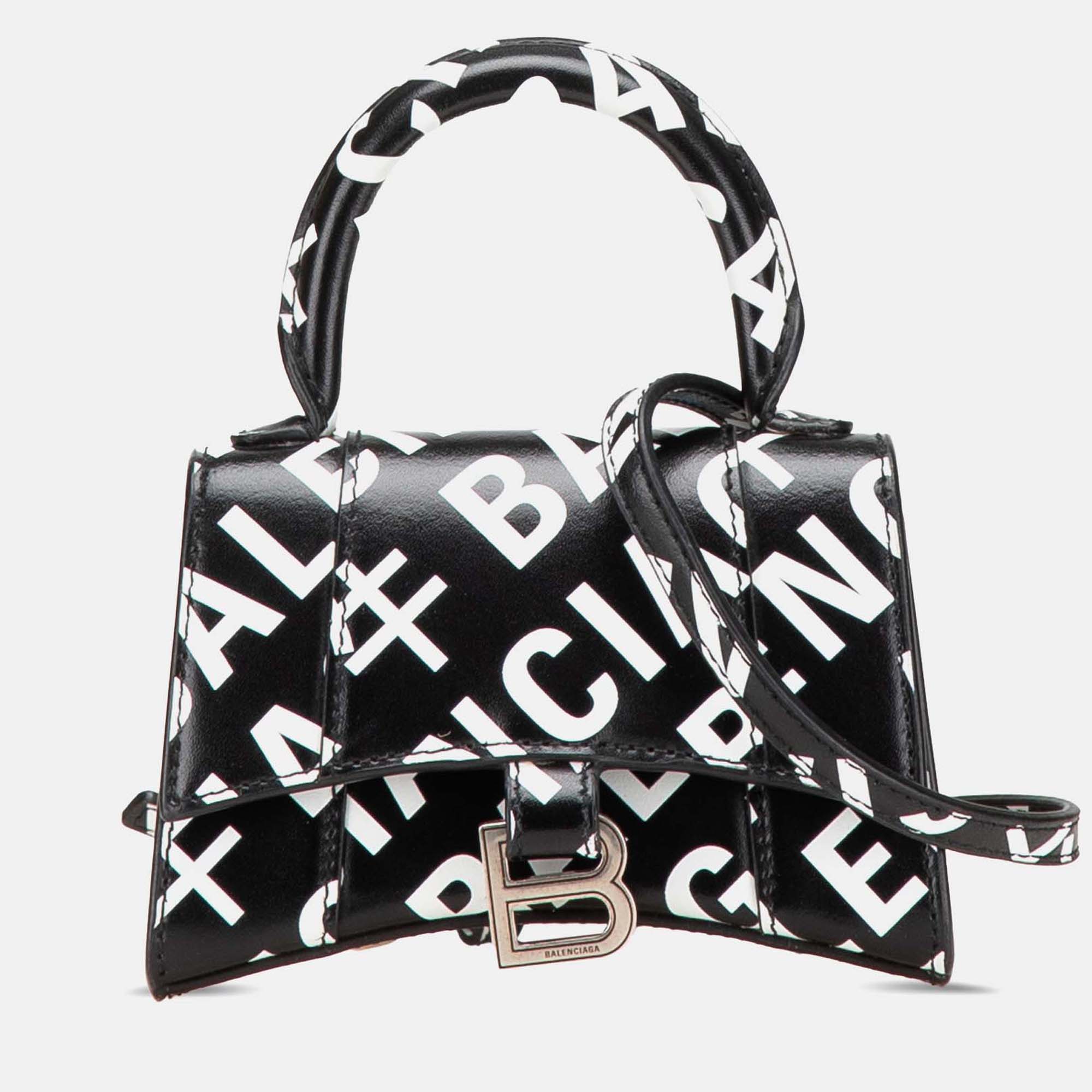 Balenciaga Black Mini Smooth Calfskin Allover Logo Print Hourglass Top Handle Bag