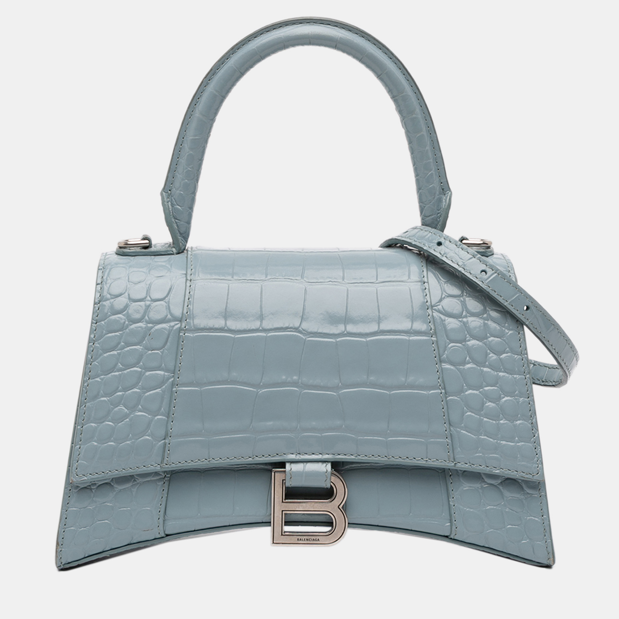 Balenciaga Blue Small Croc Embossed Hourglass Top Handle Bag
Balenciaga Blue Small Croc Embossed Hourglass Top Handle Bag
