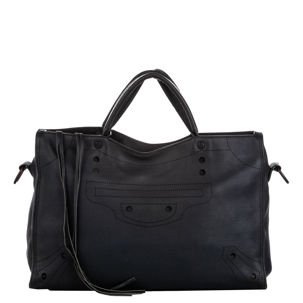 Image of Balenciaga Black Leather Motocross Blackout City Satchel Bag