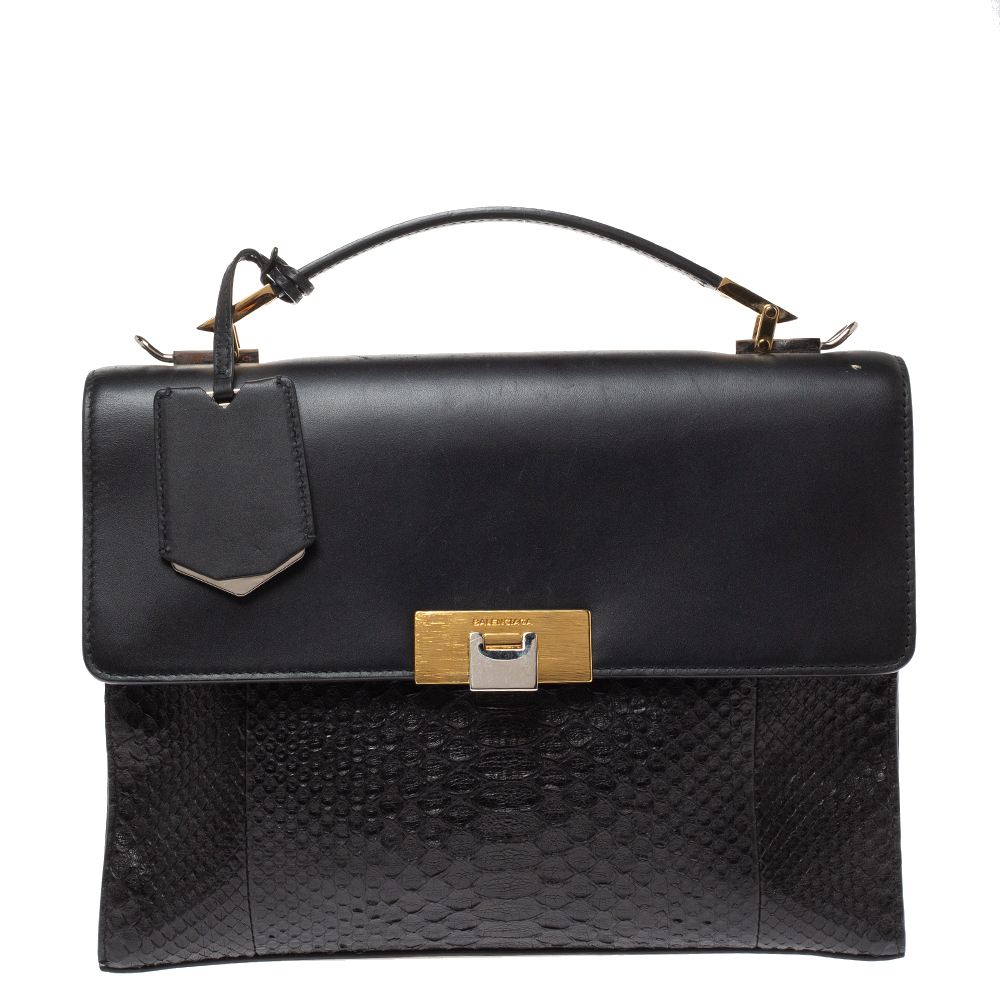 Image of Balenciaga Black Leather and Python Le Dix Cartable Top Handle Bag