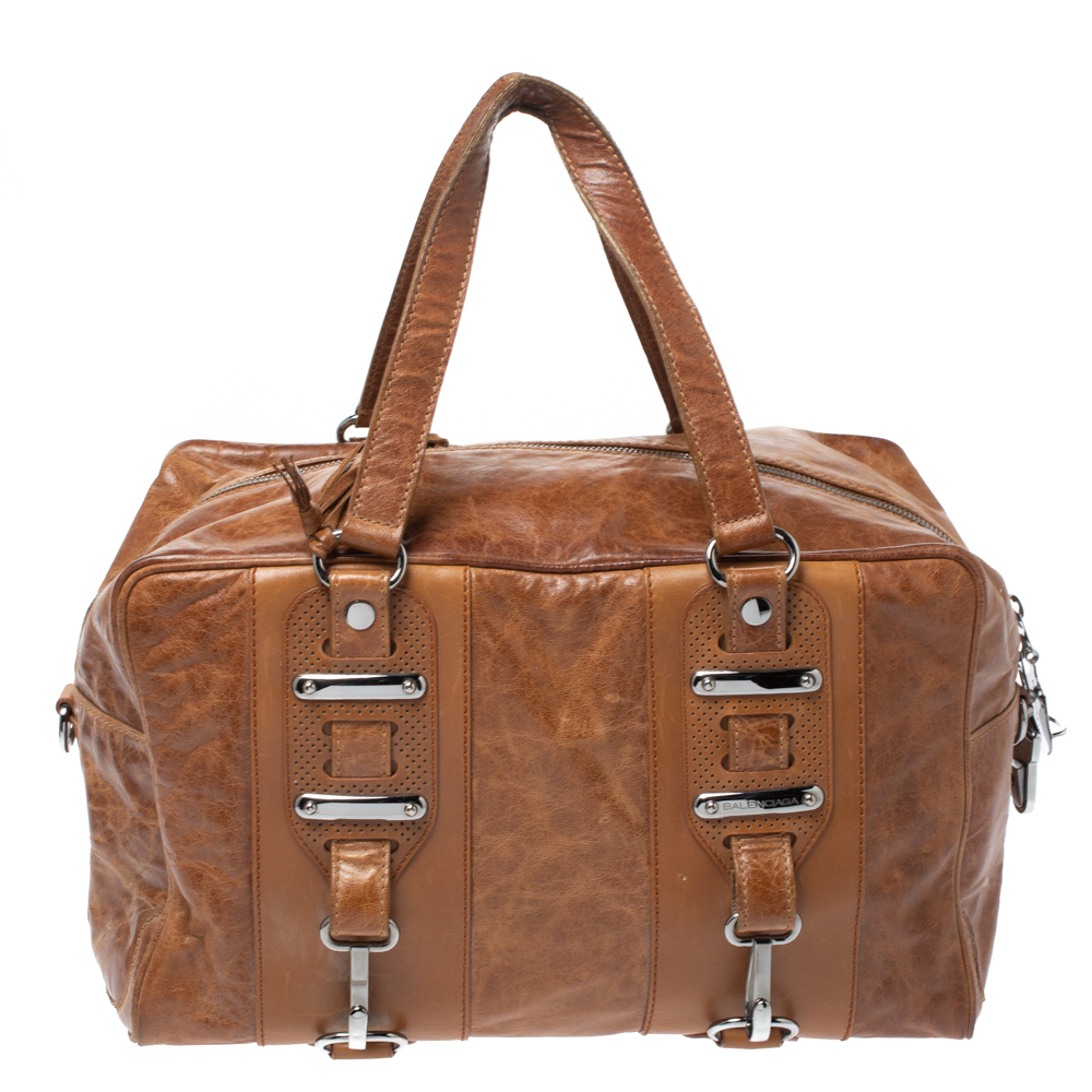 Image of Balenciaga Brown Leather Perforated Hook Satchel