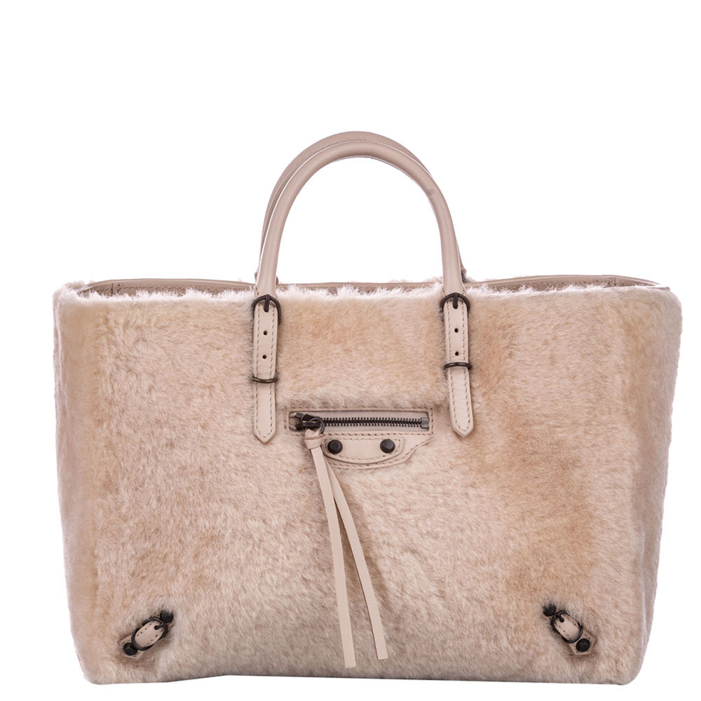 Image of Balenciaga Pink Leather Papier A Balenciaga Pink Shearling Papier A Zip-Around Tote Bag