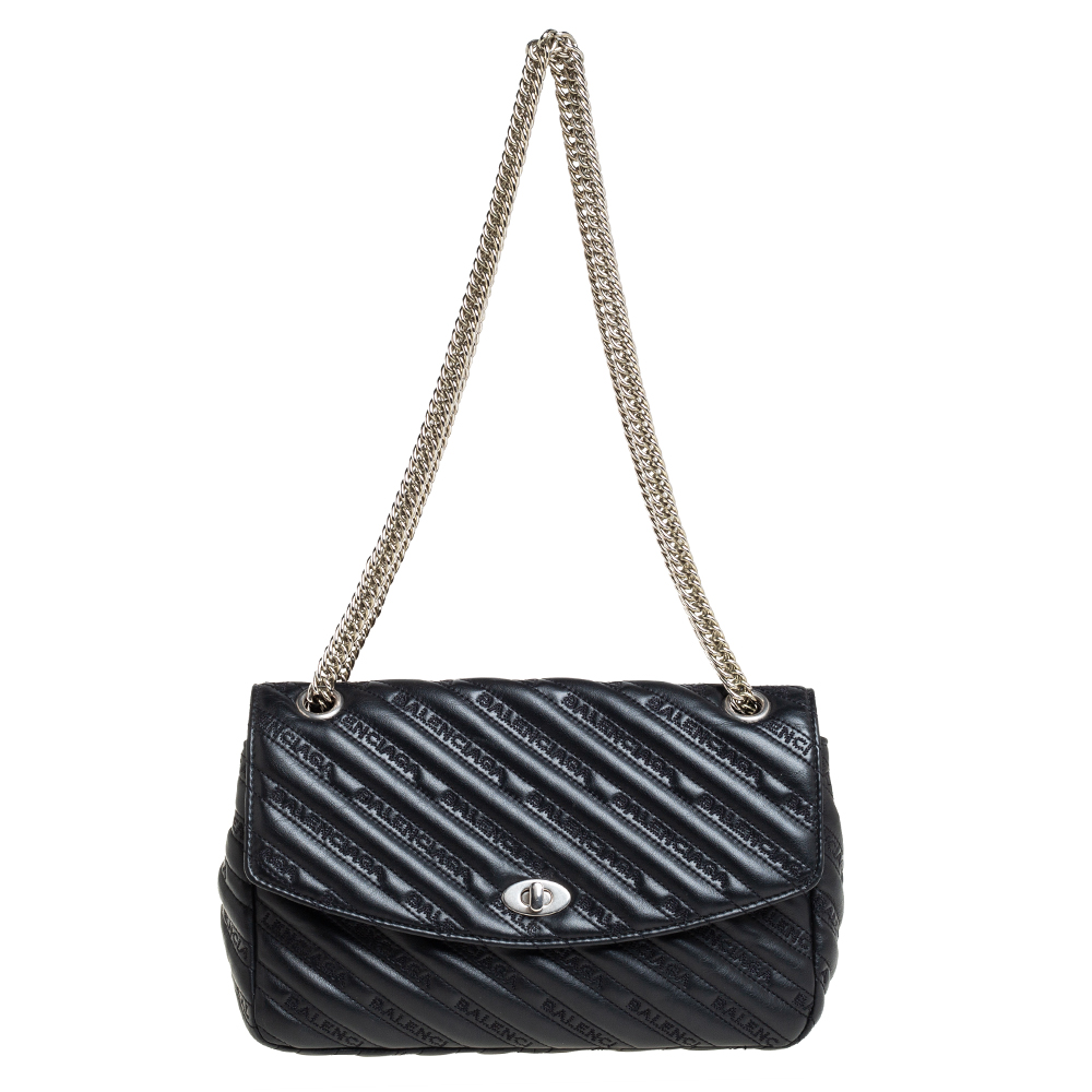 Balenciaga Black Leather Satin Scarf Medium Turnlock Shoulder Bag