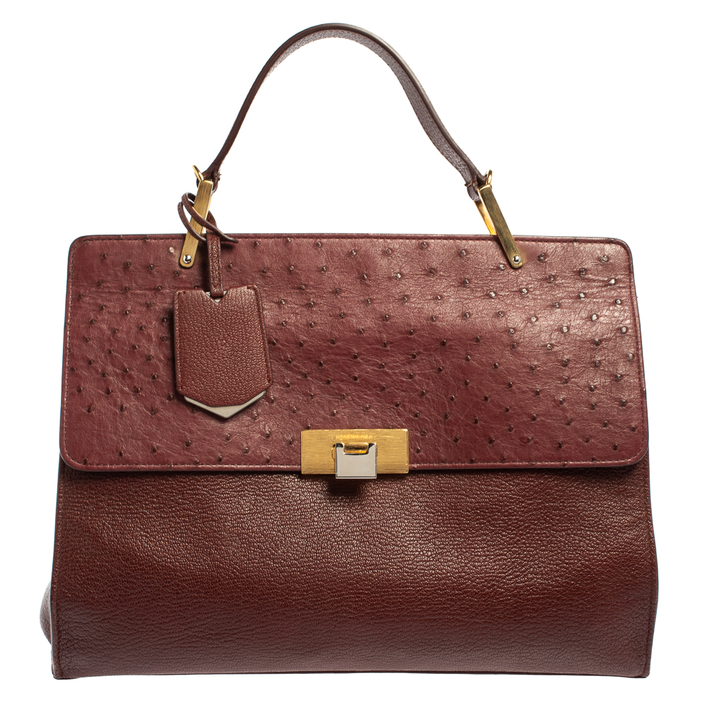 Balenciaga Maroon Leather and Ostrich Le Dix Cartable Top Handle Bag