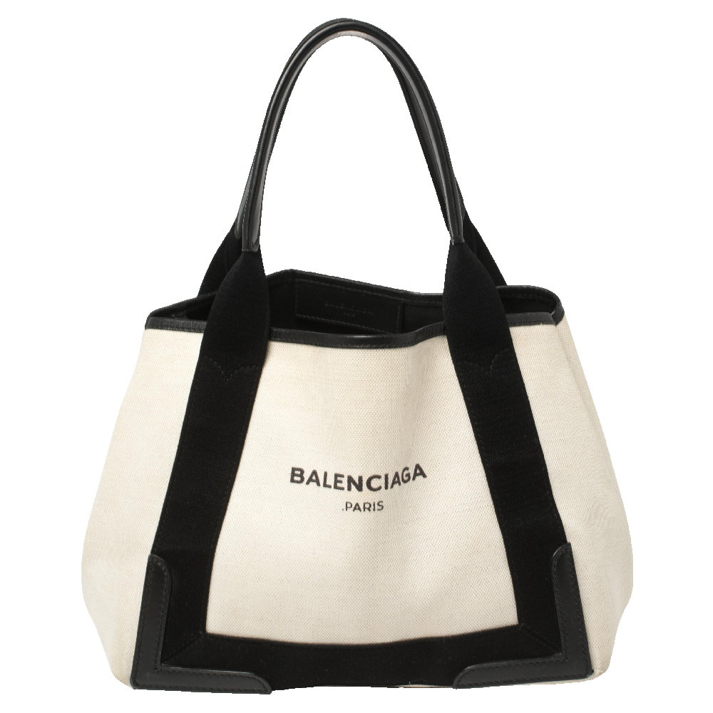 Balenciaga White/Black Canvas and Leather S Navy Cabas Tote