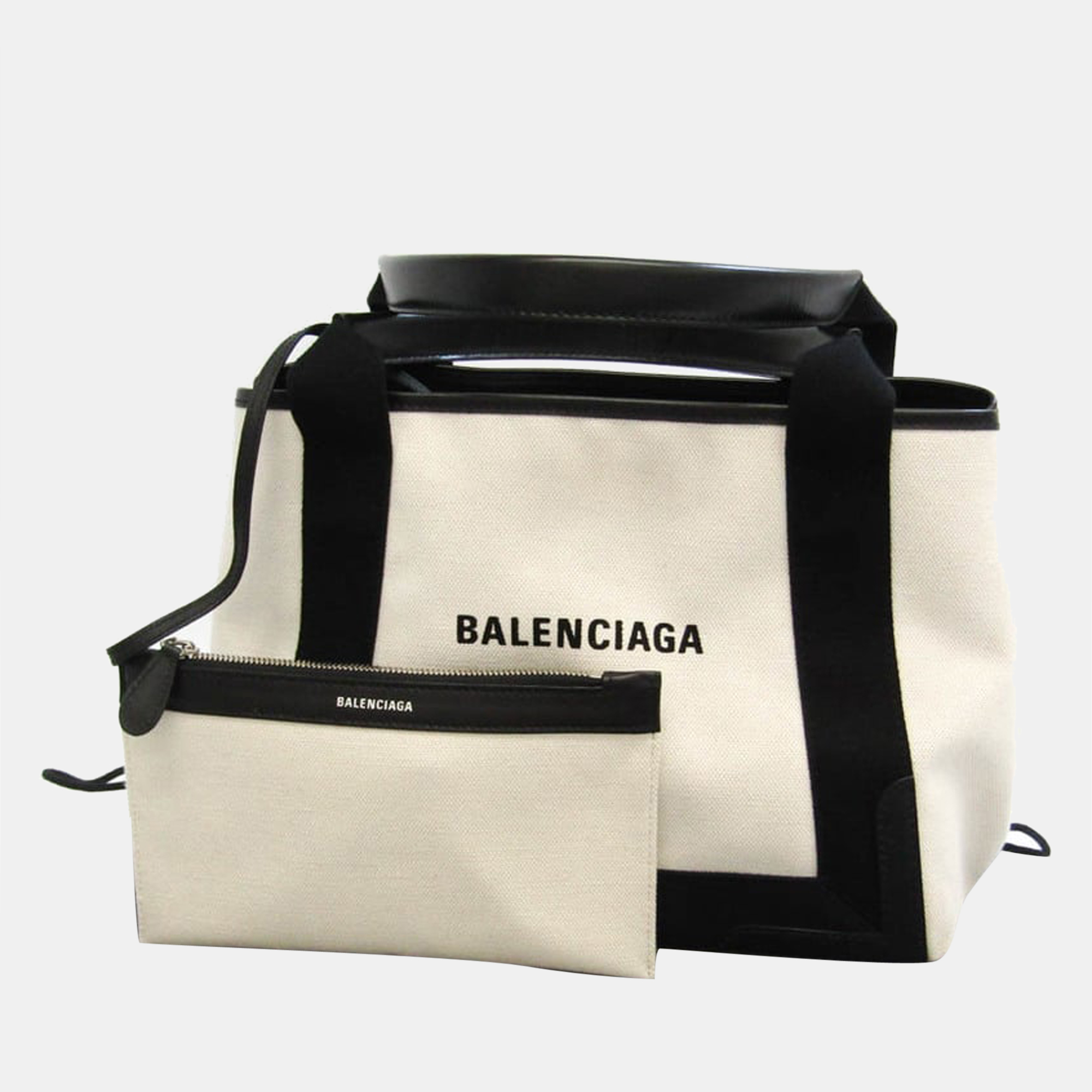 Balenciaga Cream Canvas Navy Small Cabas Tote Bag