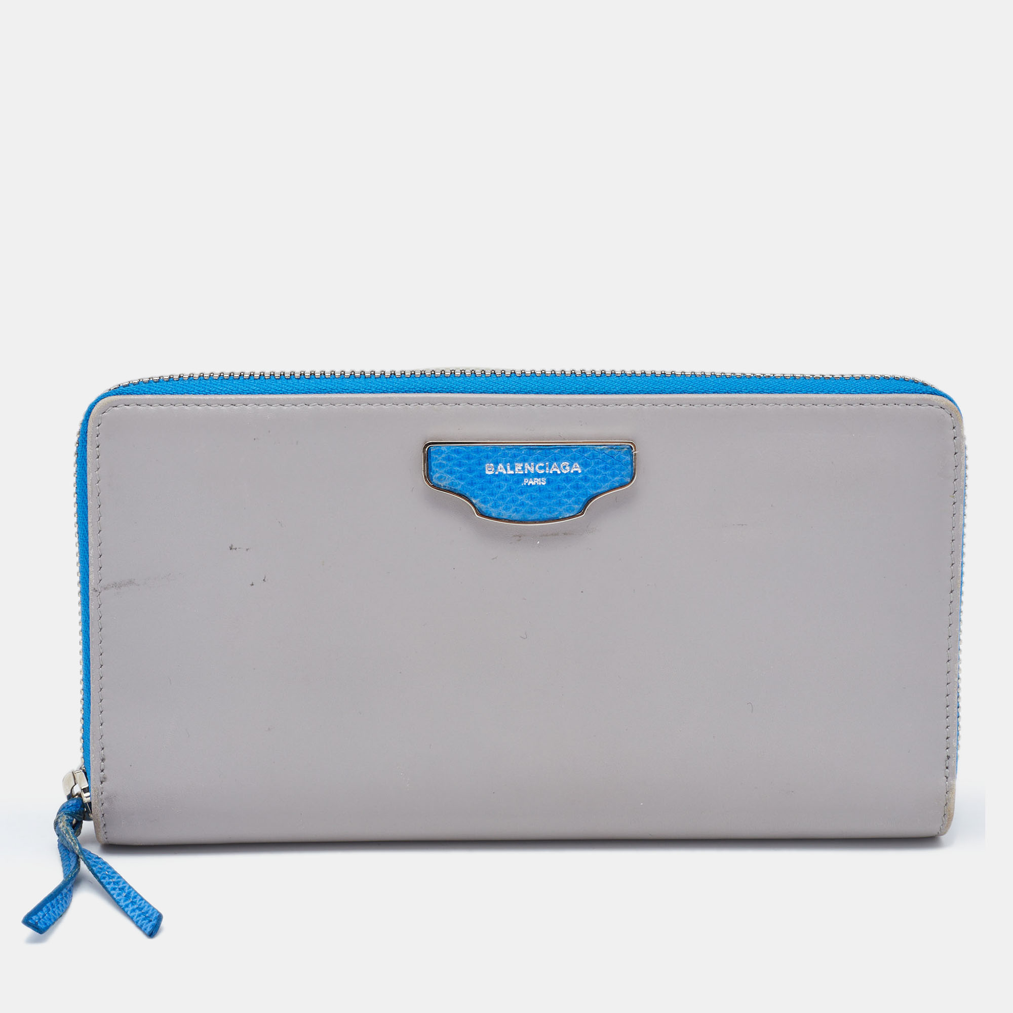 Balenciaga Grey/Blue Leather And Karung Leather Zip Around Wallet