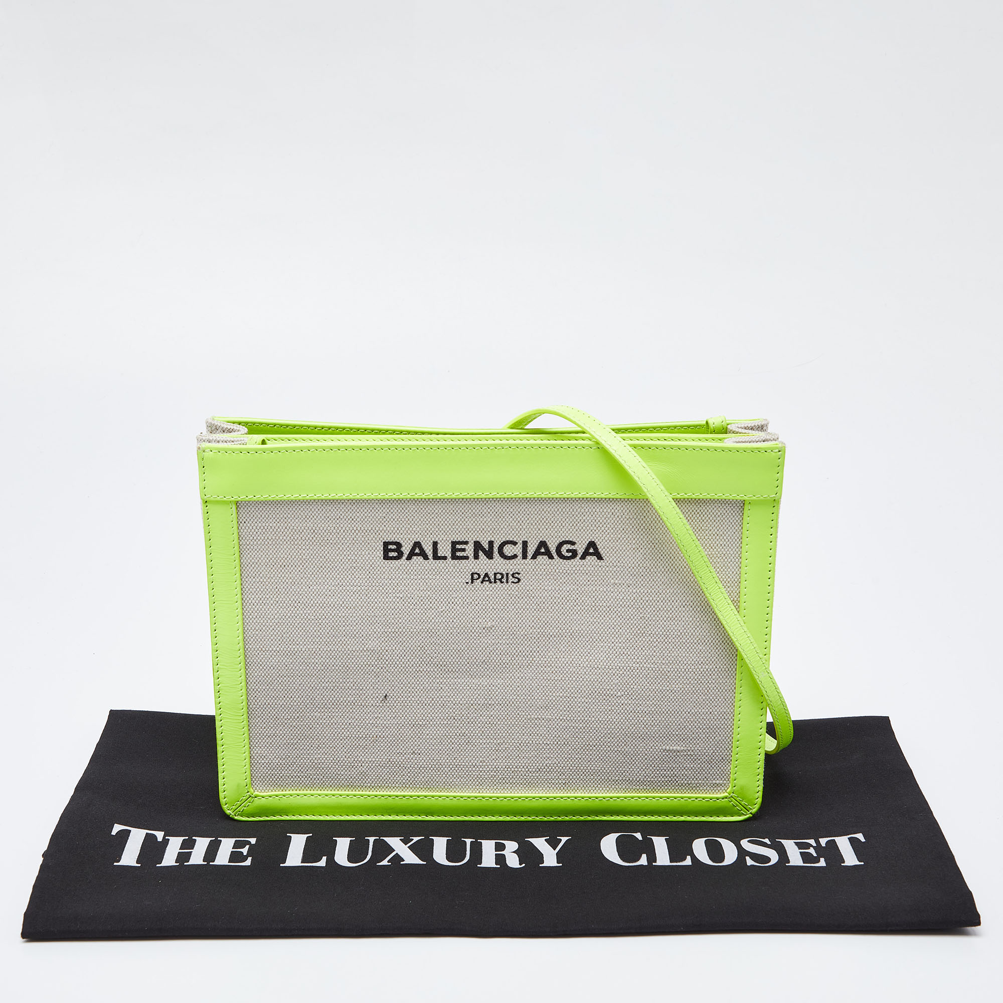 Balenciaga Off White/Neon Green Canvas And Leather Navy Pochette Crossbody Bag