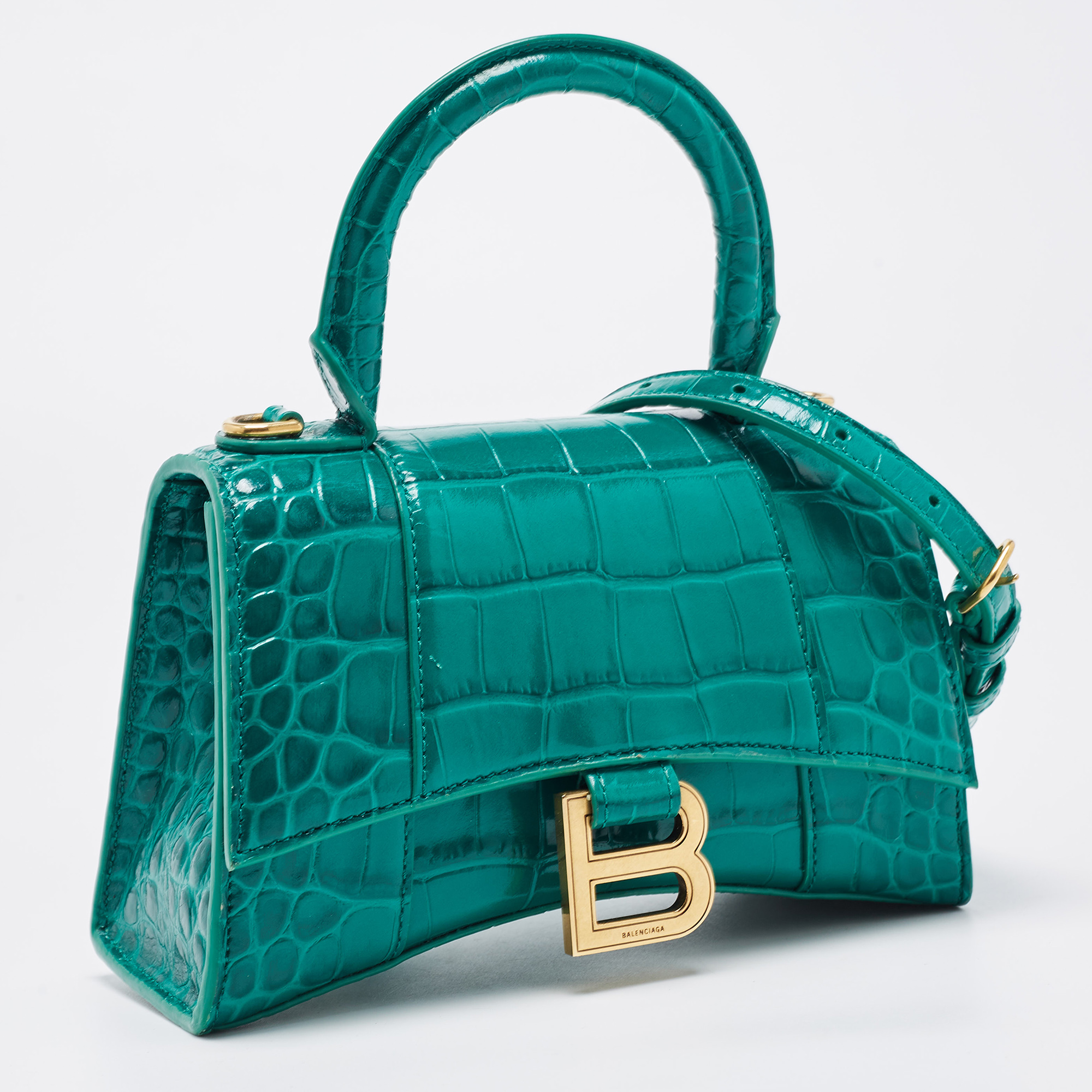 Balenciaga Green Croc Embossed Leather XS Hourglass Top Handle Bag