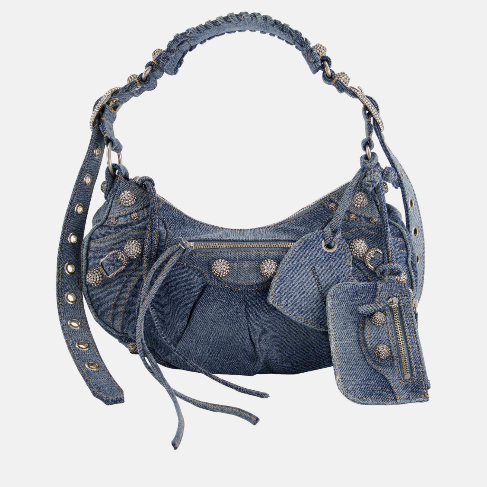 Balenciaga Le Cagole Denim Shoulder Bag With Silver Crystal Stud Embellishment