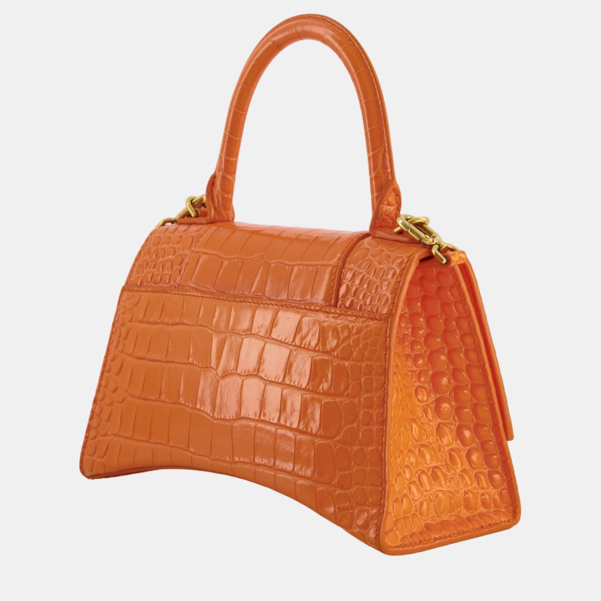 Balenciaga Orange Small Hourglass Bag In Croc Embossed Calf Leather With Gold Hardware