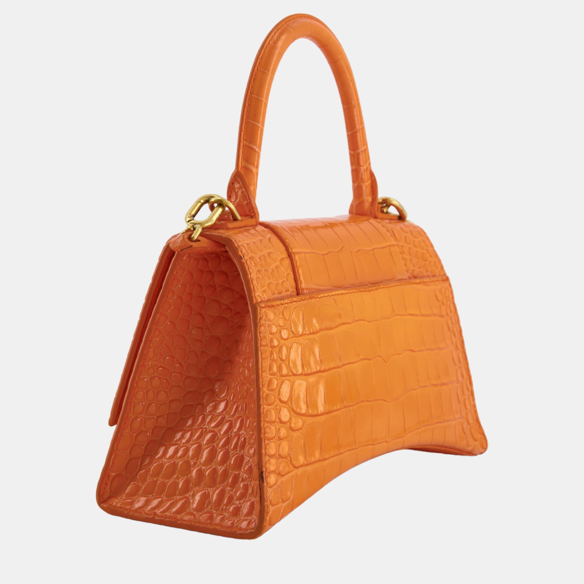 Balenciaga Orange Small Hourglass Bag In Croc Embossed Calf Leather With Gold Hardware