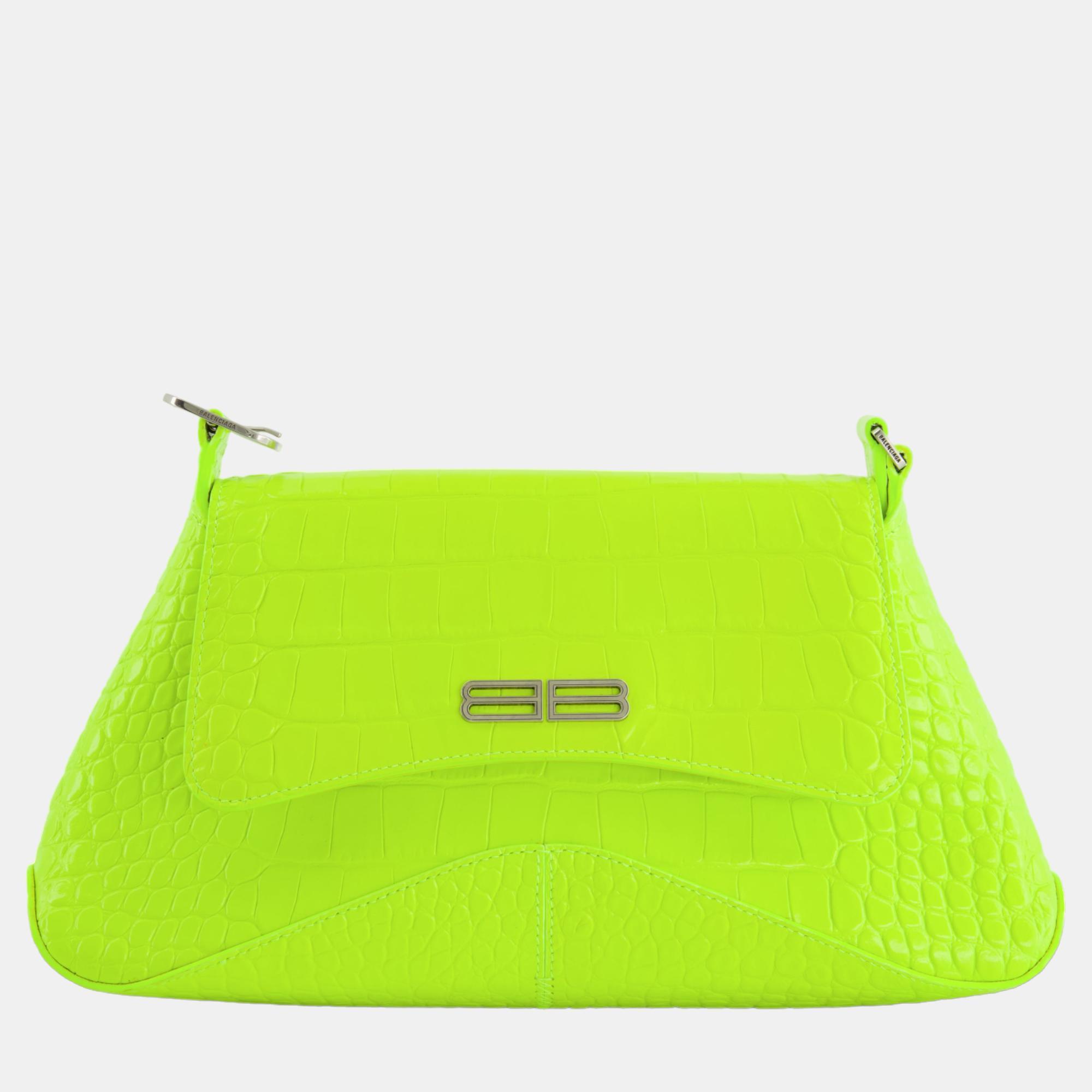 Balenciaga neon yellow croc embossed calf leather xx shoulder bag